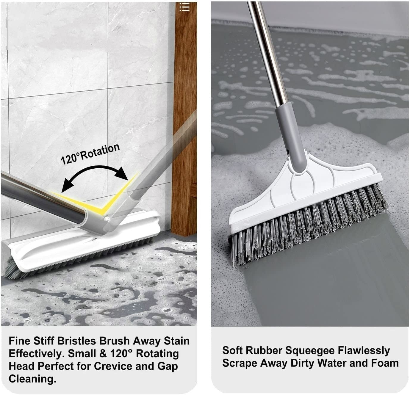2 in 1 Floor Scrub Brush with V-Shape Stiff PVC Bristles Stainless Steel Hand…