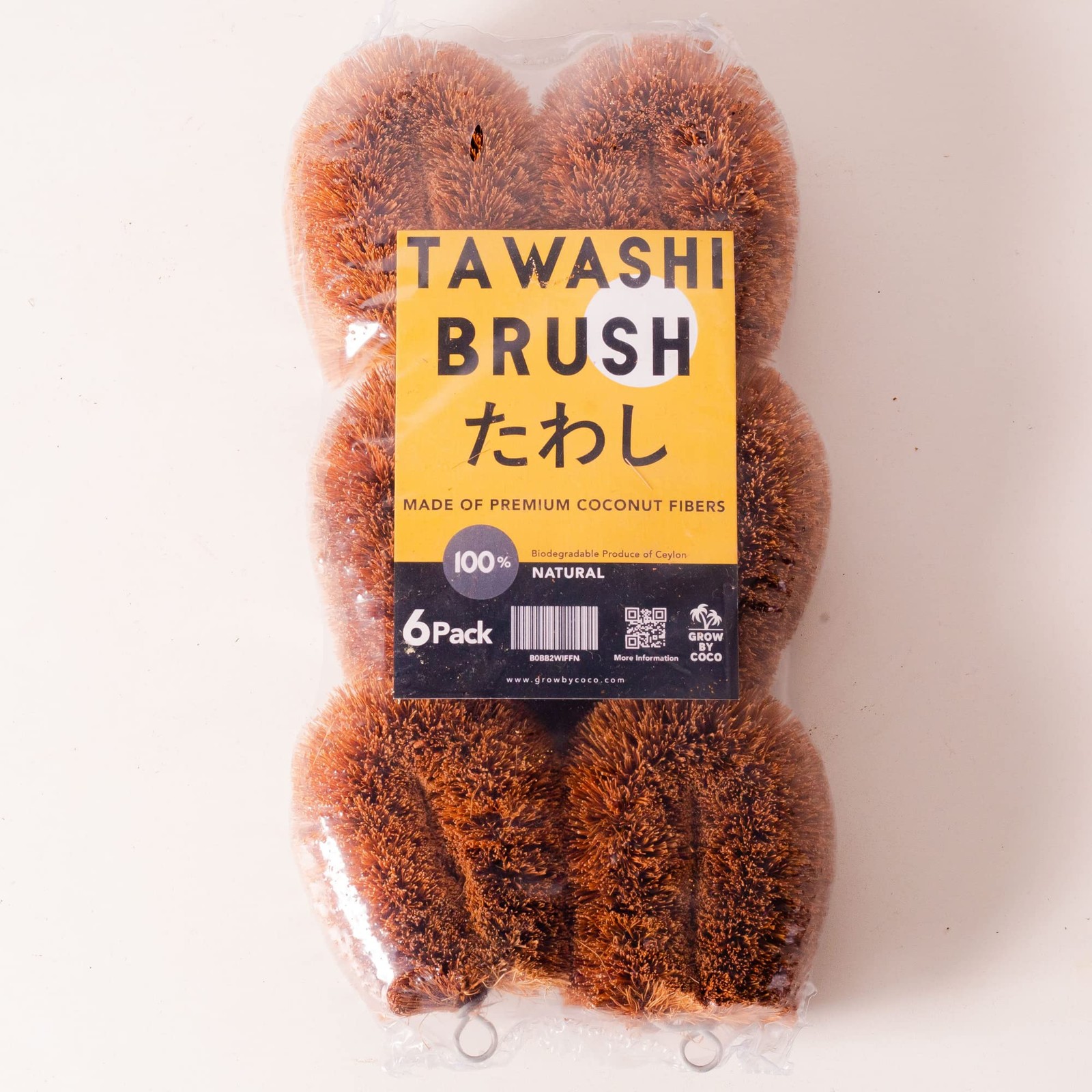 Pack of 6 Tawashi 100% Natural Coconut Coir Fiber Brush, Vegetable Brown