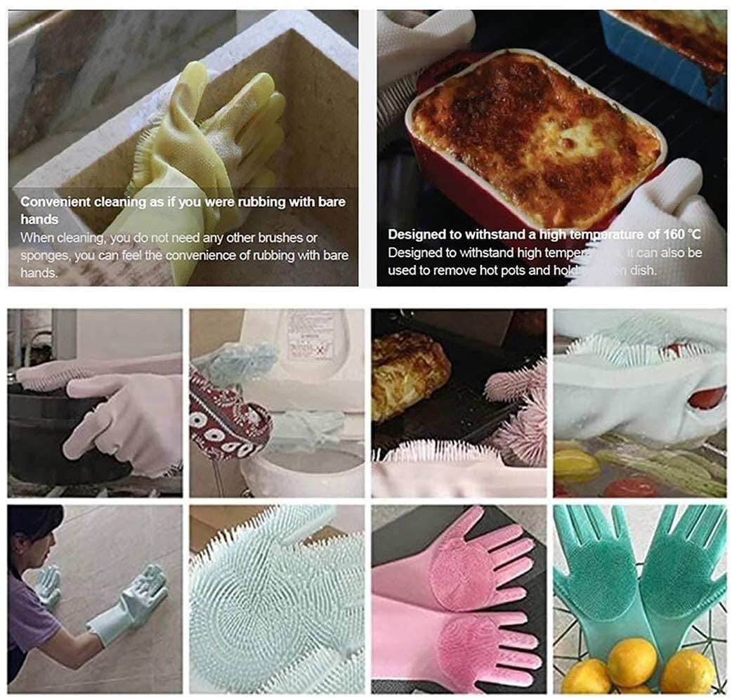Silicone Dishwashing Gloves, Finger Tips with Bristles Cleaning Brush  (2 Pairs)