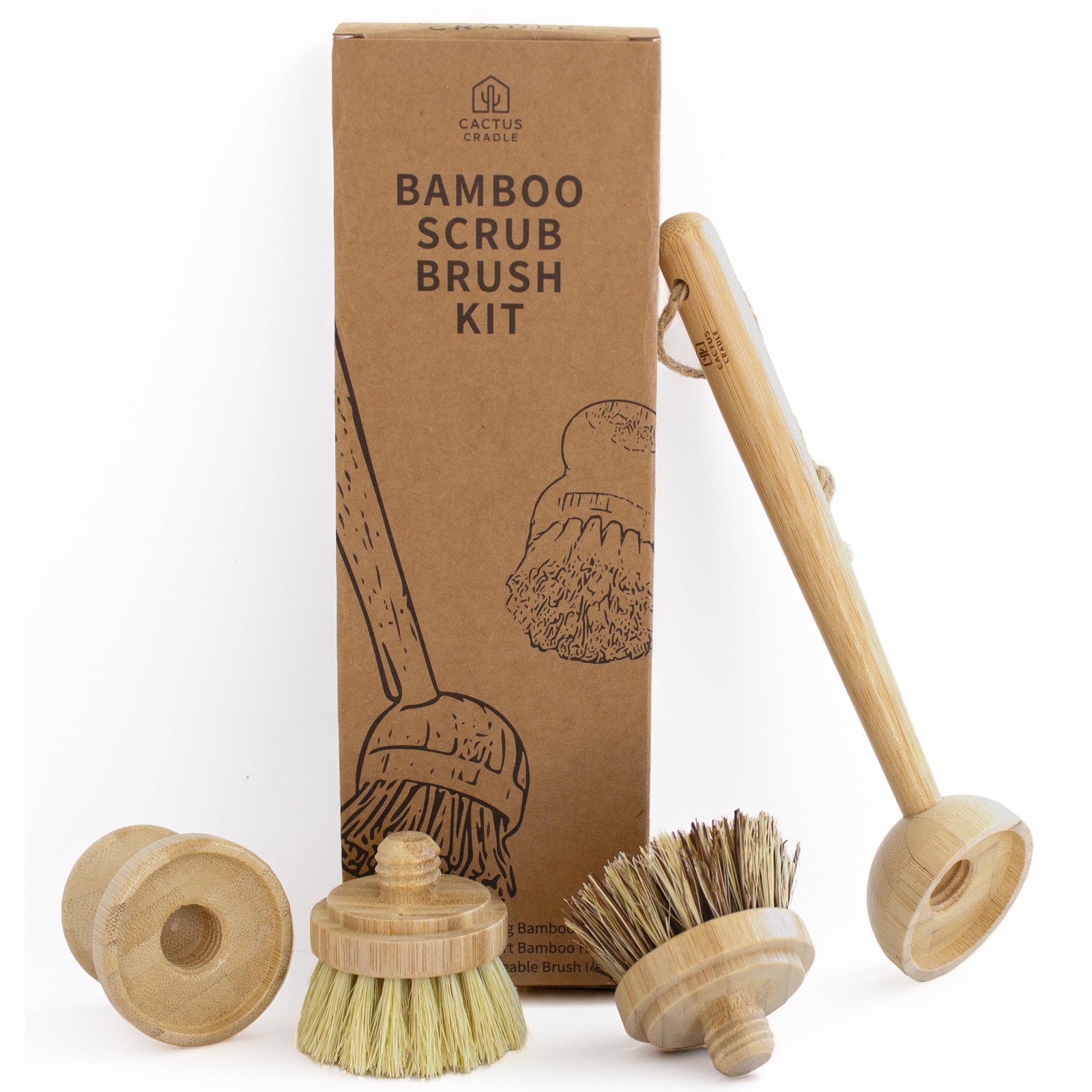 Cactus Cradle Bamboo Scrub Brush Kit – 4-Piece Dish Brush Set with 2 Handles …