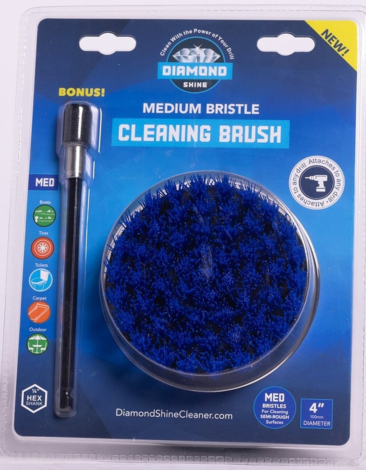 Diamond Shine 4 Inch Medium Drill Brush for Scrubbing and Cleaning w/ 6″ Ext