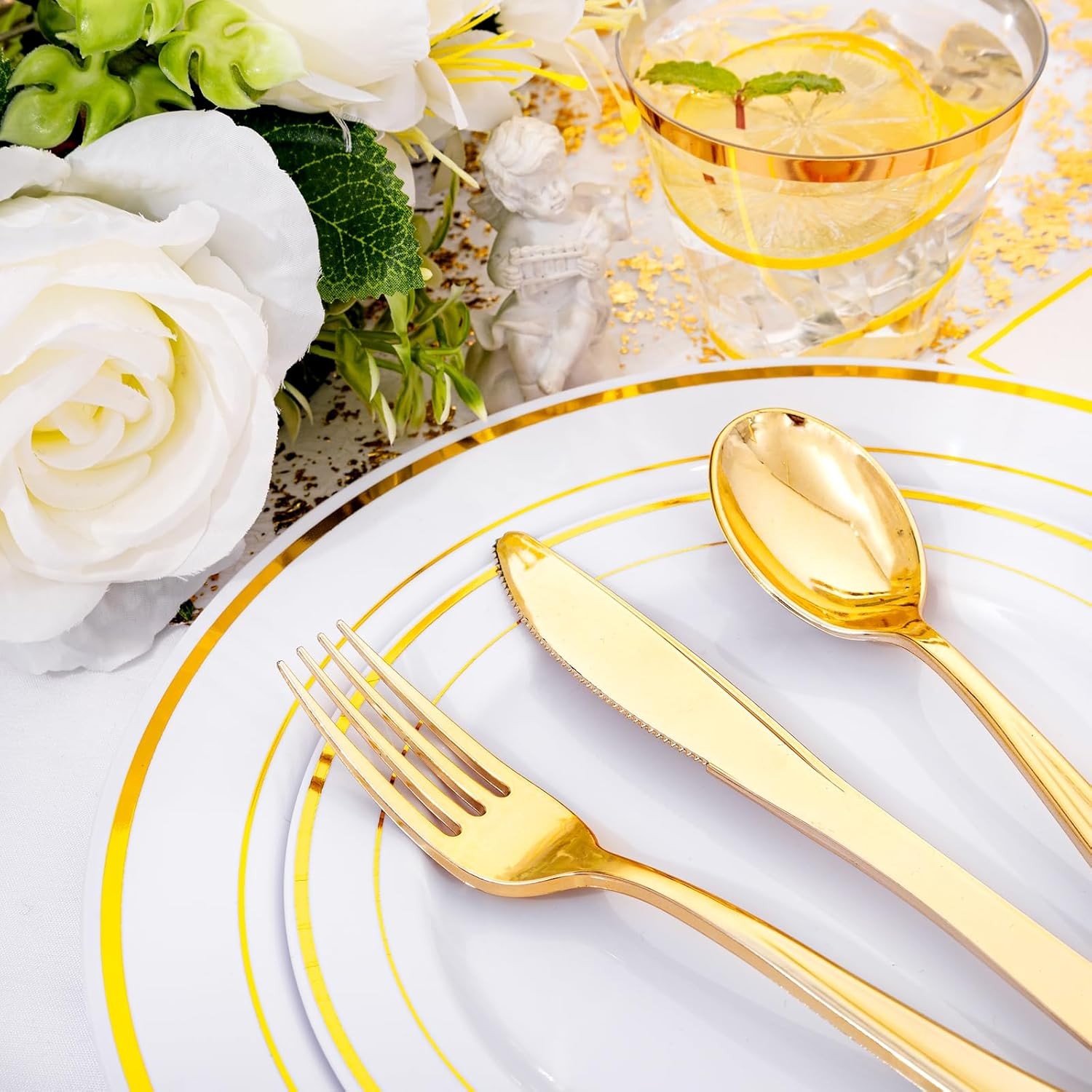 I00000 350Pcs Gold Dinnerware Set for 50 Guests, Gold Plastic Plates for Party