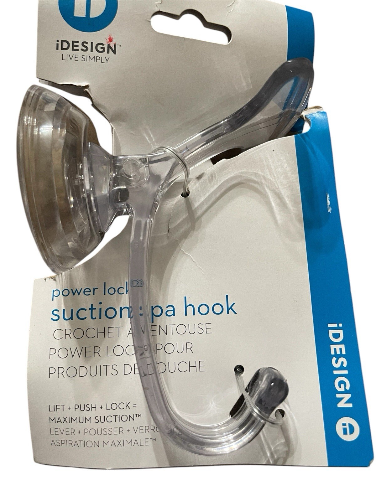 2pk InterDesign Power Lock Suction Attach Bathroom Spa Hook Towel Hanger Clear
