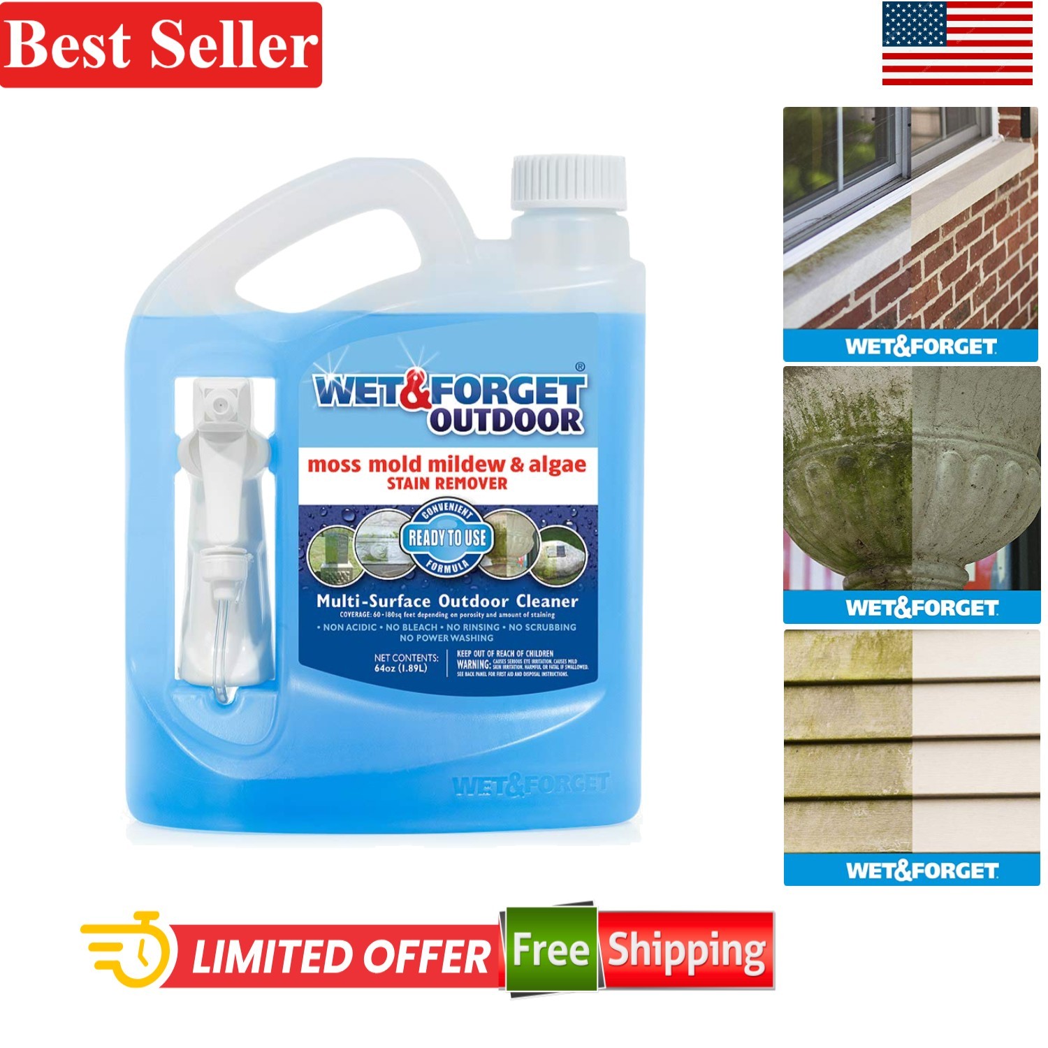 Bleach-Free 64oz Outdoor Cleaner – Eliminate Tough Stains with No Rinsing Needed