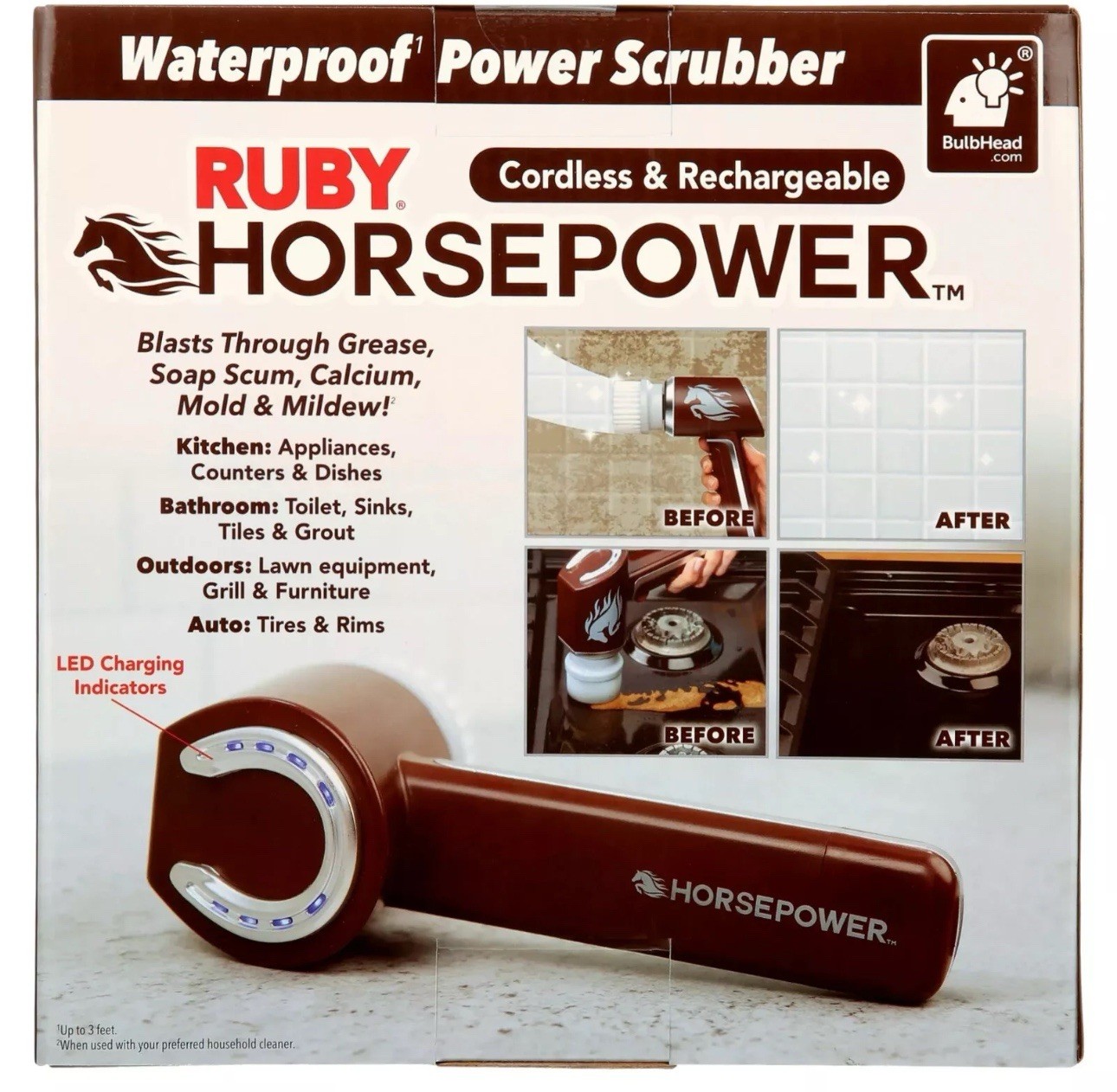 HORSEPOWER RUBY Waterproof Cordless 360° Power Scrubber W/ 5 Heads! – NEW!