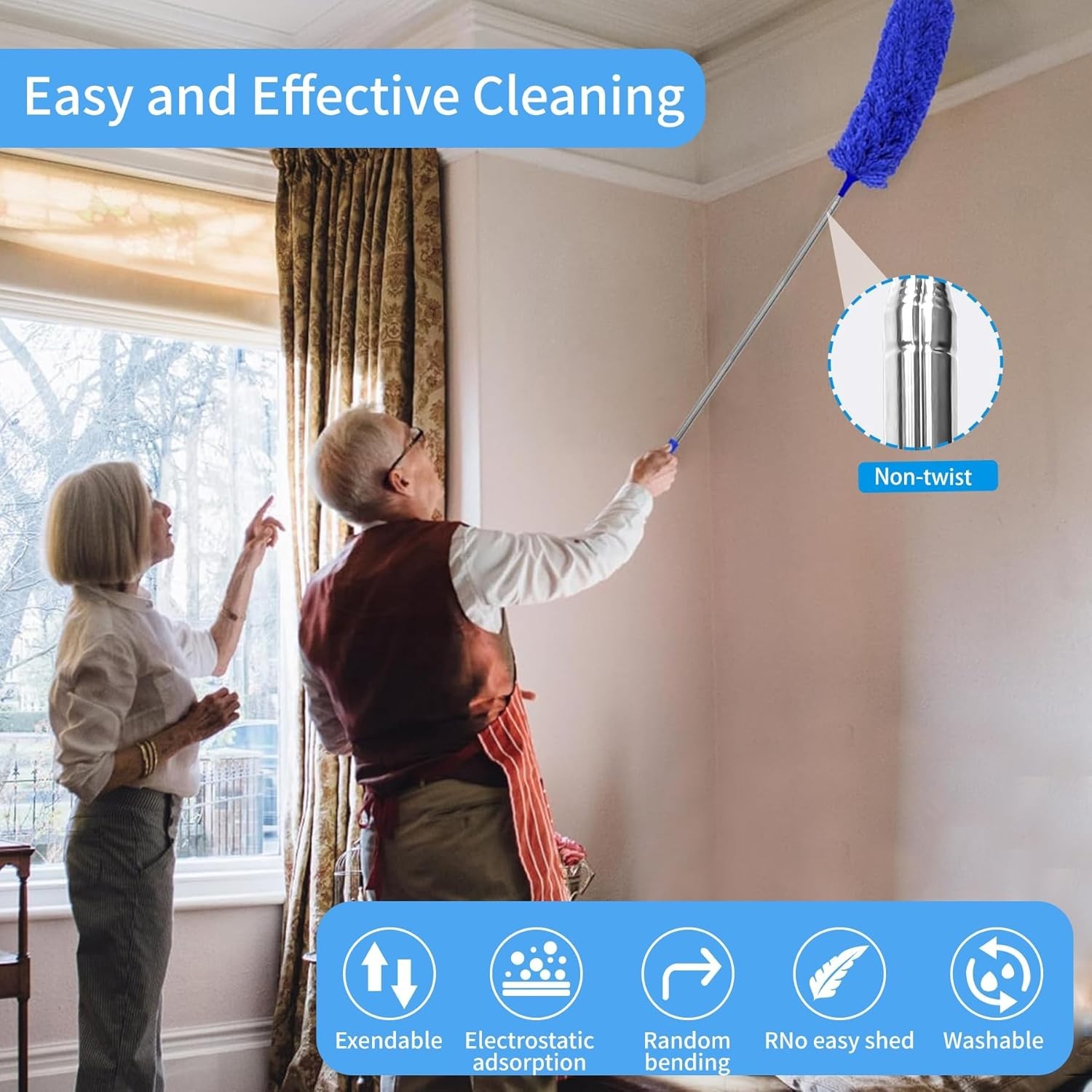 6-in-1 Duster with Stainless Steel Pole – Scratch-Resistant & Bendable