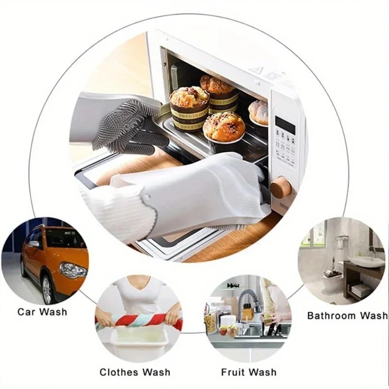 1 Pair Silicone Dishwashing Gloves Cleaning Scrubber Heat Resistant Kitchen Brus