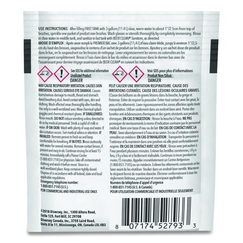 Diversey Beer Clean Glass Cleaner, Powder, 0.5 oz. Packet, 100/Carton