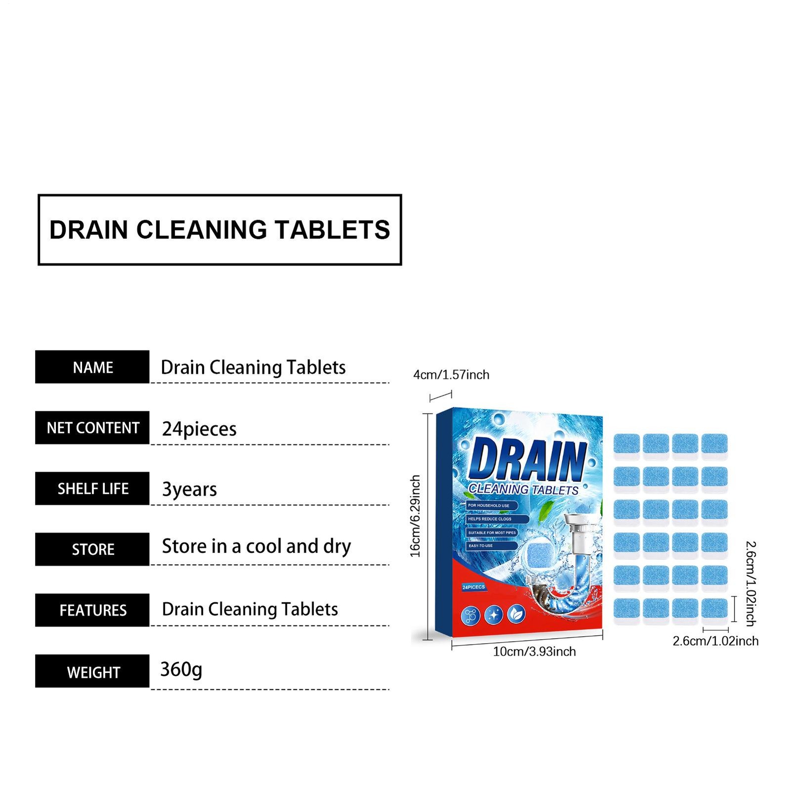 Drain Cleaner Tablets 24 Pieces Powerful Safe Prevents Clogs Household Sinks