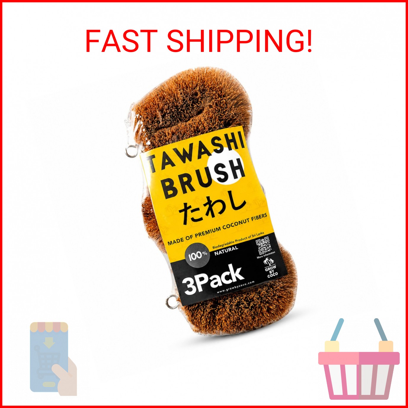 GrowByCoco Pack of 3 Tawashi Vegetable Scrub Brush,100% Natural Coconut Coir Fib