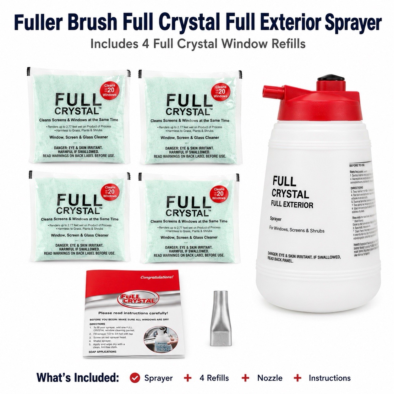 Fuller Brush Full Crystal Full Exterior Sprayer Kit w/ 4 Window Cleaner Refills