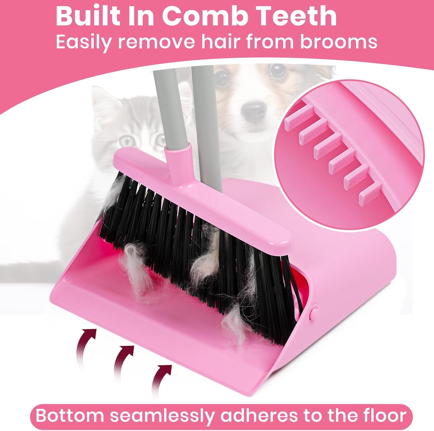 Pink Broom and Dustpan Set, 58” Long Adjustable Handle Small Broom