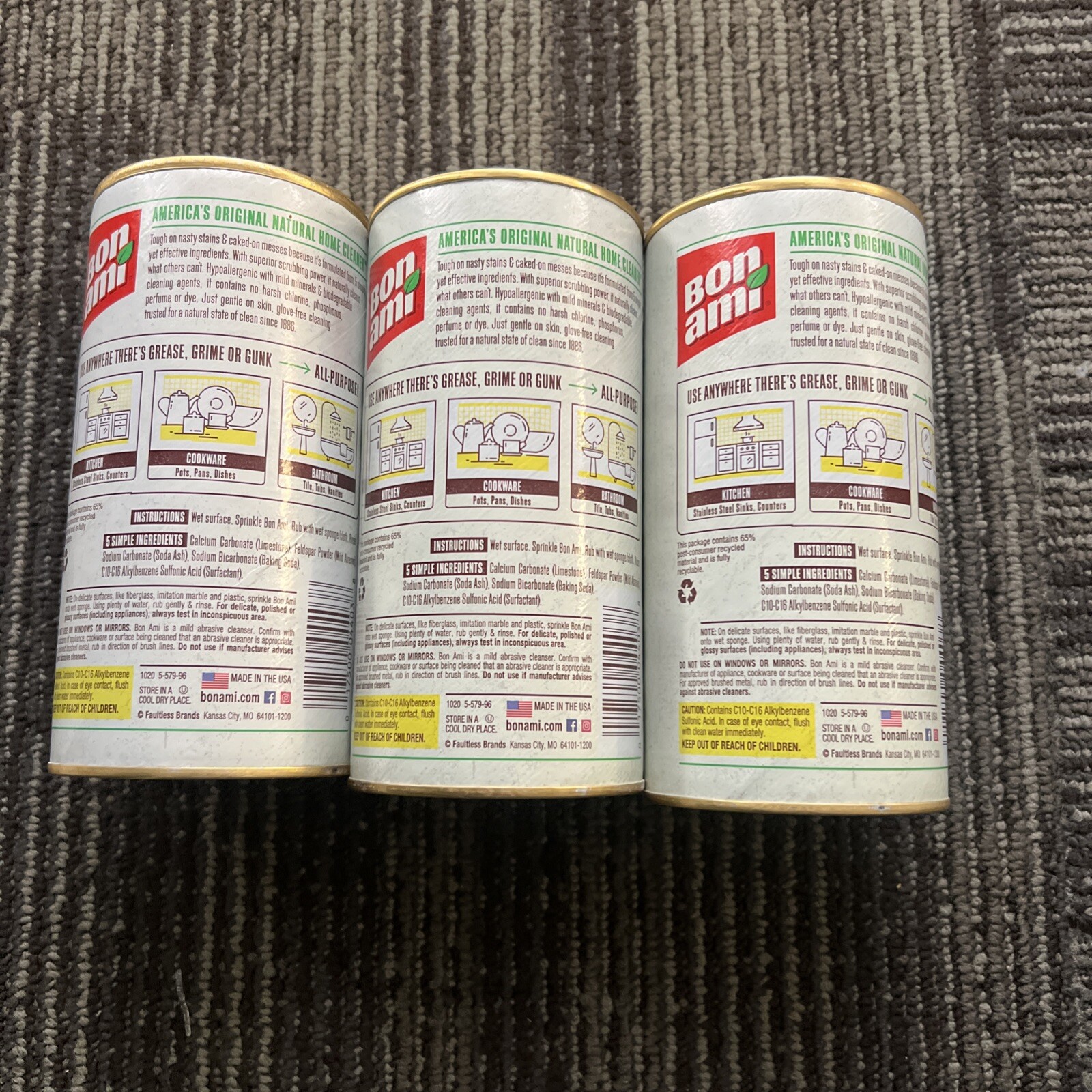 3 pk Bon Ami POWDER CLEANSER 14 oz. No Scent Cleaner Kitchen Bath Surfaces