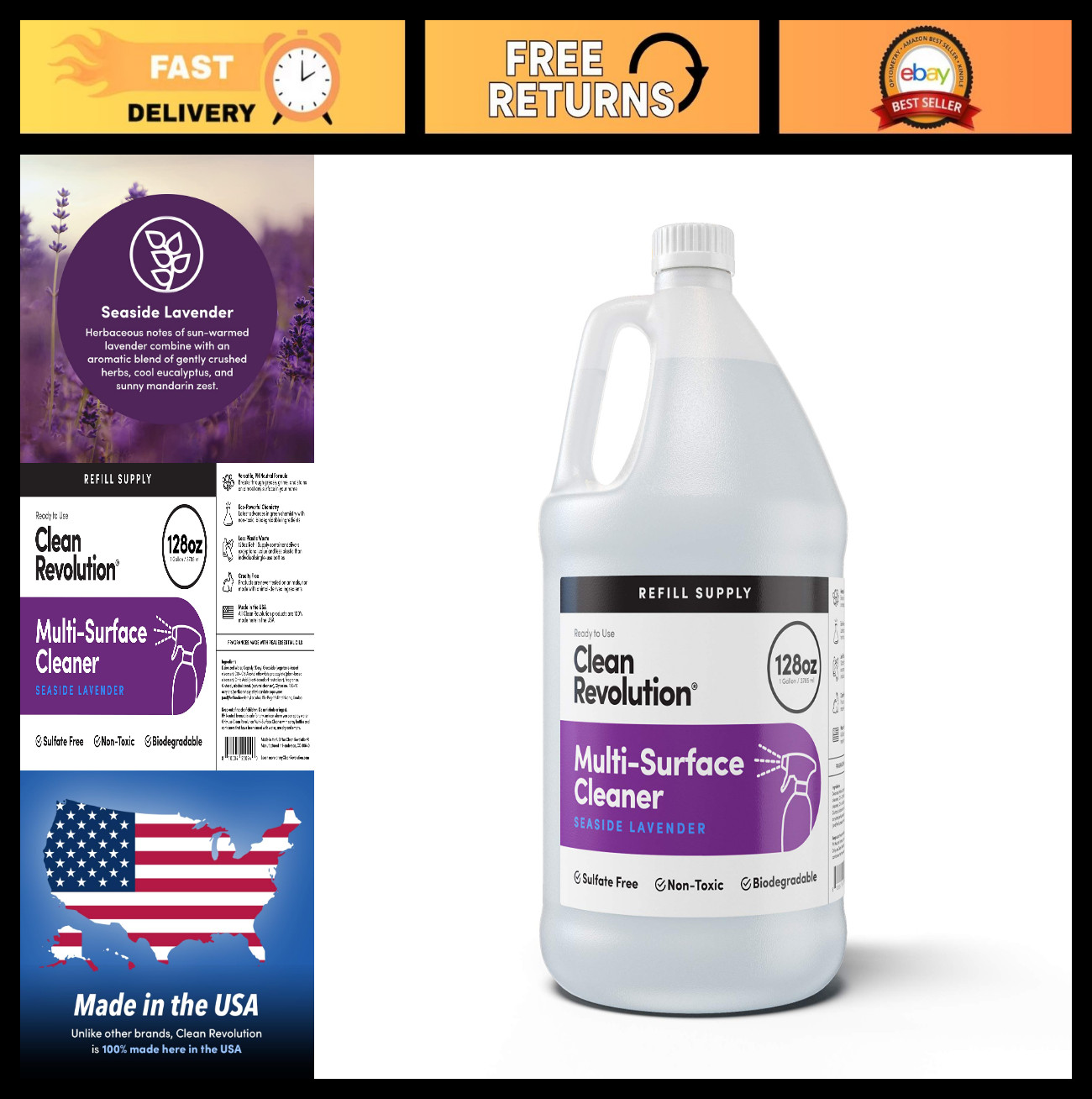 Eco-Friendly Multi Surface Cleaner Refill, Non-Toxic, Plant-Based, 128 Fl Oz, La