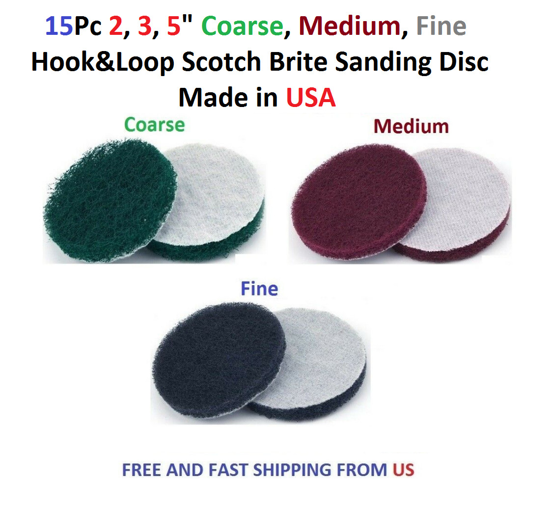 15 Pcs 2, 3, 4, 5″ Coarse Medium Fine Hook & Loop Scotch Brite Sanding Discs