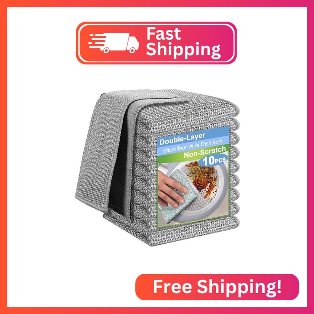 TIVERAIN 10pcs New Upgrade 2-Layer Microfiber Wire Dishcloth,Non-Scratch Wire Di