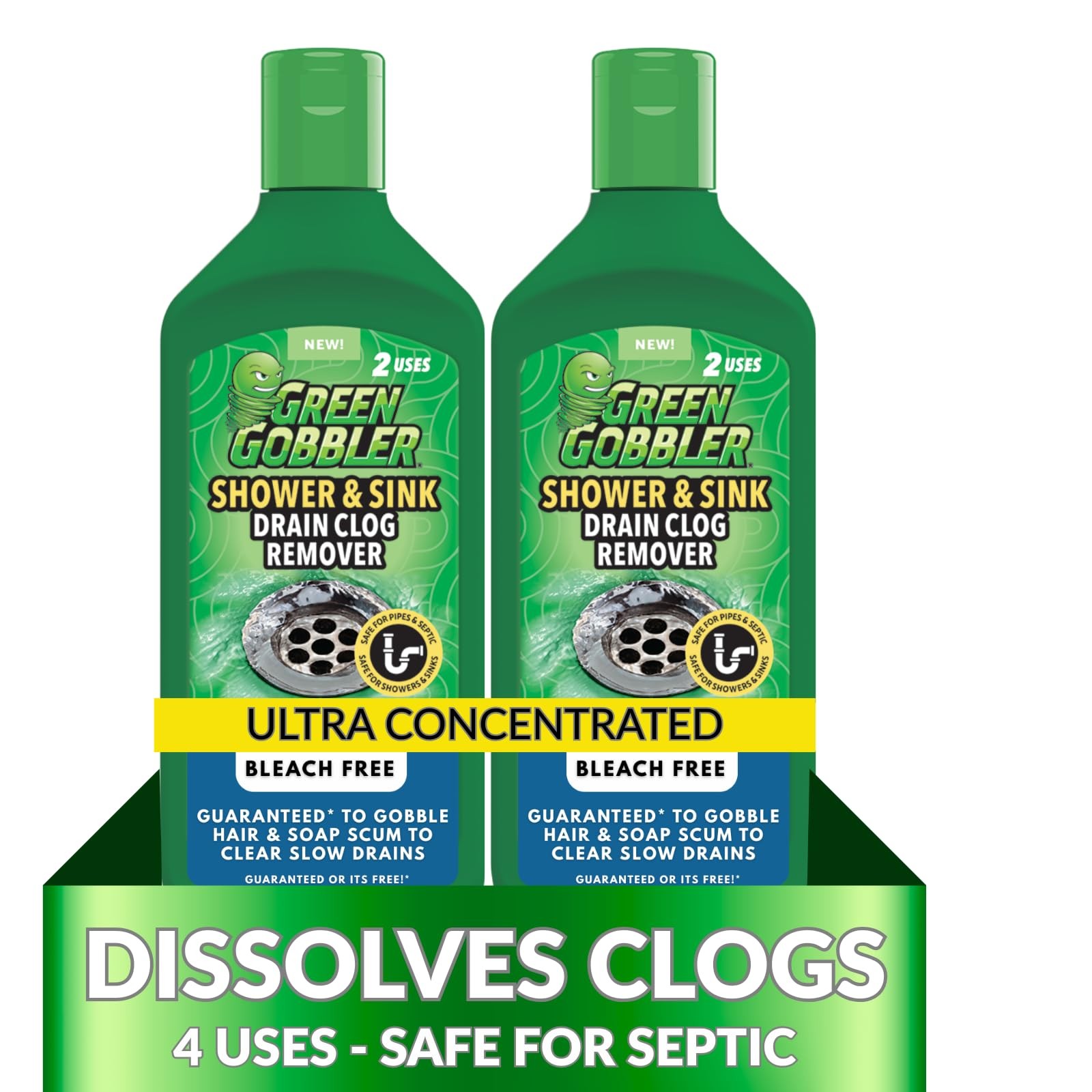 Green Gobbler Ultra Concentrated Drain Clog Remover, Hair & Soap Dissolver, 2 Pa