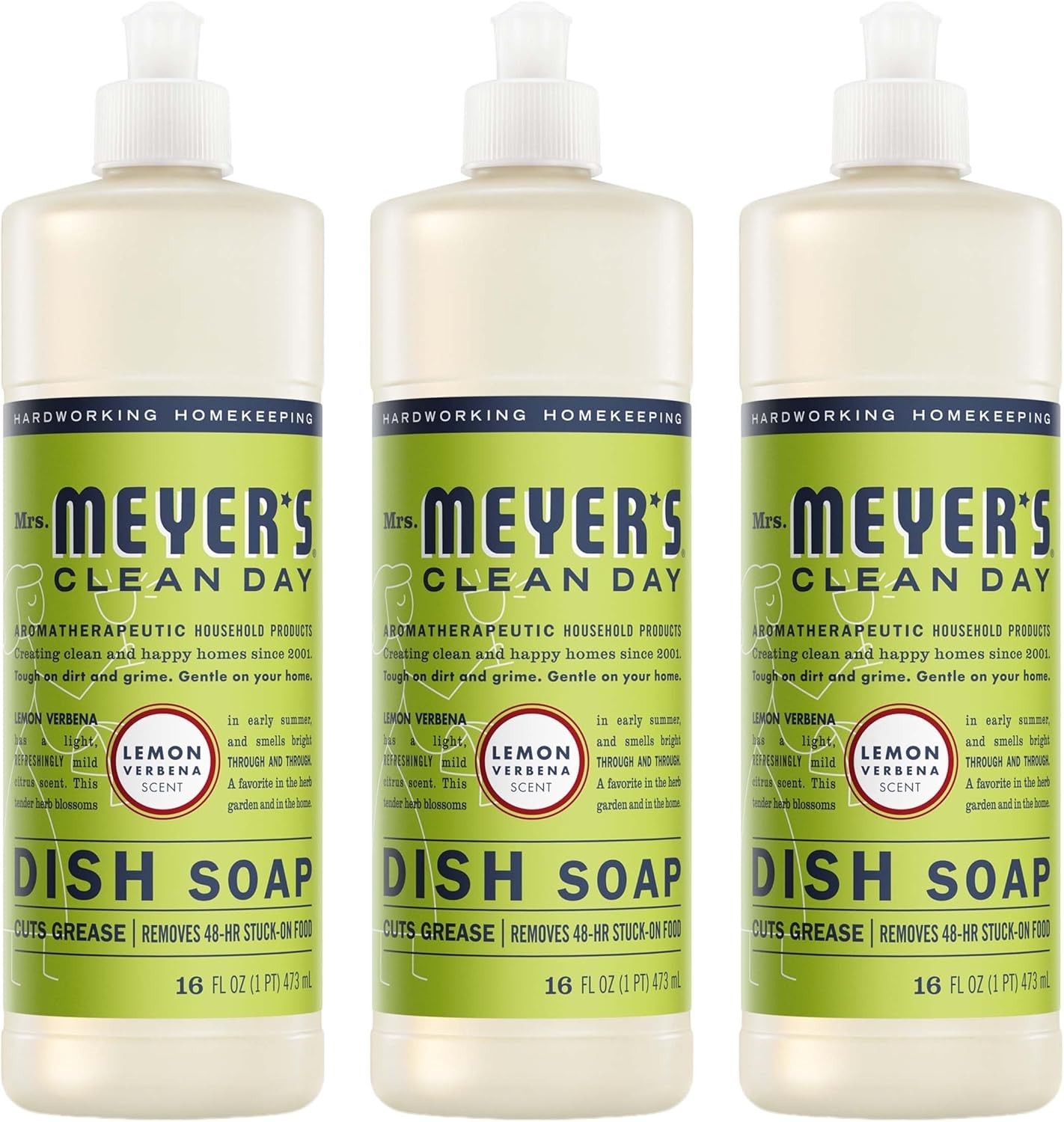 MRS. MEYER’S CLEAN DAY Liquid Dish Soap, Lemon Verbena, 16 fl. oz – Pack of 3
