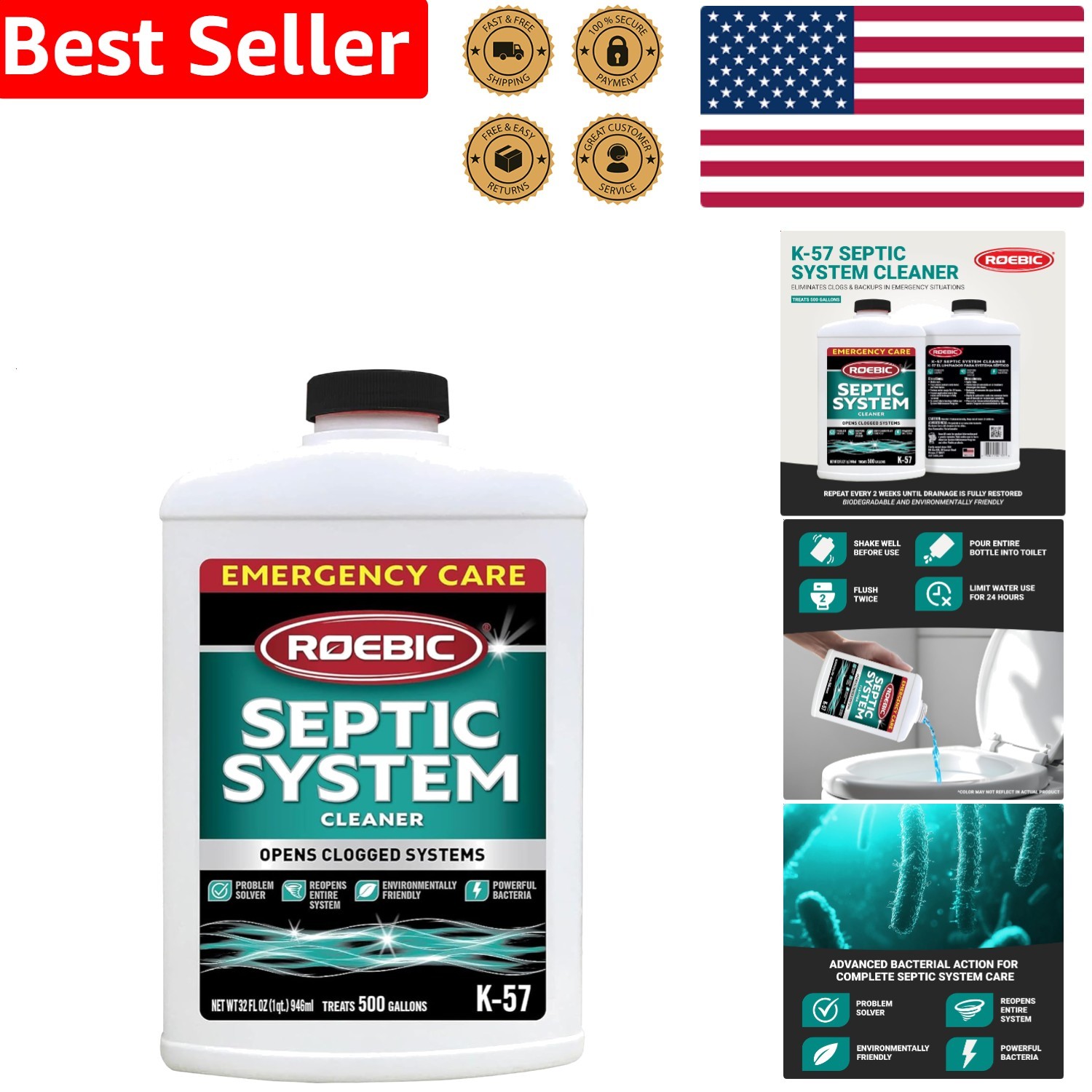Roebic K-57 Septic Treatment 32 Oz – Prevents Clogs, Restores Systems Fast