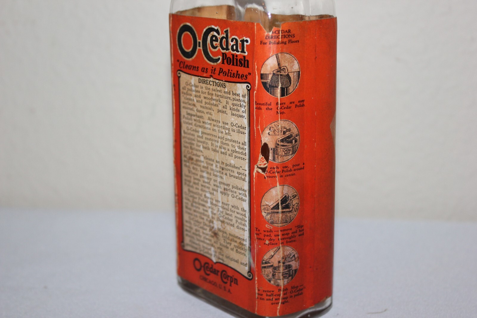 Antique O-CEDAR Polish Glass Bottle Paper Lable Wood Stopper Cap Advertising