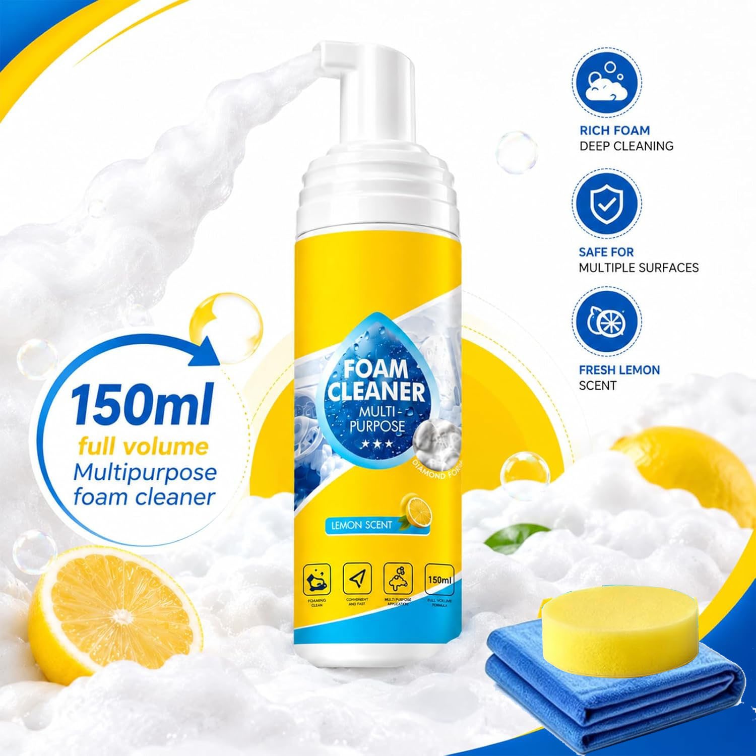 150ml 4-in-1 Multi-Enzyme Foam Cleaner,All-Purpose Spray 5oz with Sponge & Towel