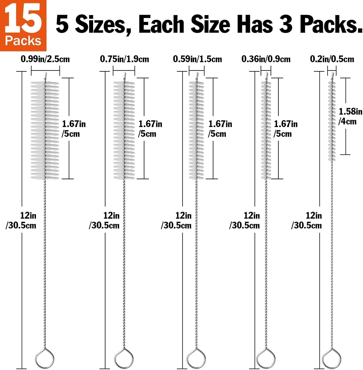 Juego de 15 cepillos reutilizables para limpiar pajitas, 30 cm extra largo