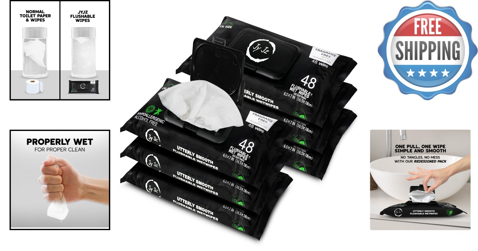 Extra Large Aloe & Vitamin-E Wet Wipes – 6 Pack, Odor Eliminating & Eco-Friendly