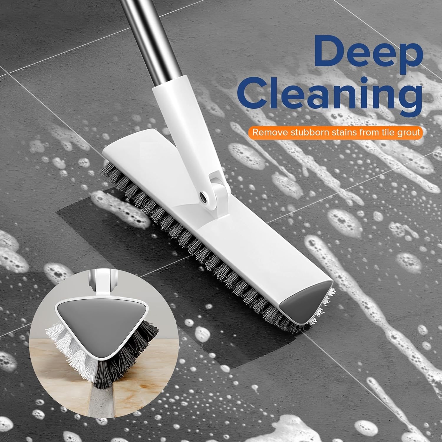Grout Brush with Long Heavy Duty Handle, 180° Swivel Floor Scrub Brush, V-Shape