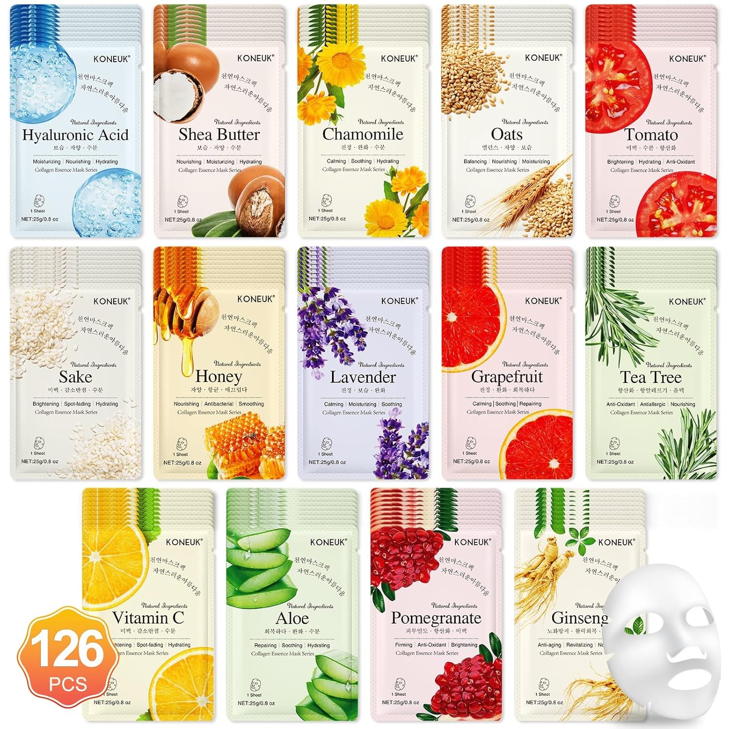 KONEUK 126 Pack Sheet Face Masks Skincare, Bulk Facial Mask Gifts Set for Wome