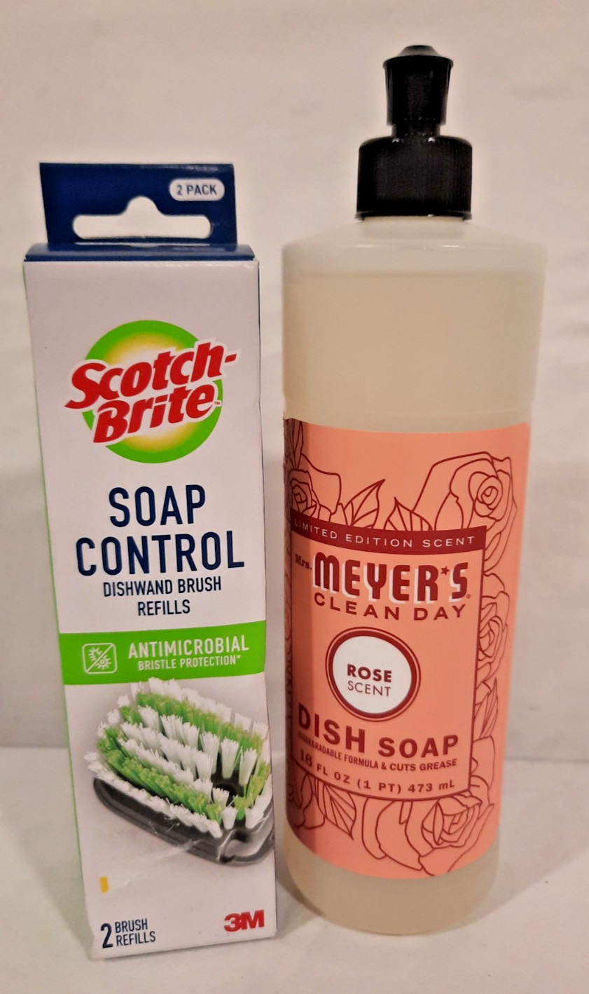 MRS MEYERS CLEAN DAY ROSE SCENT DISH SOAP W/ SCOTCH BRITE BRUSH REFILL BRAND NEW