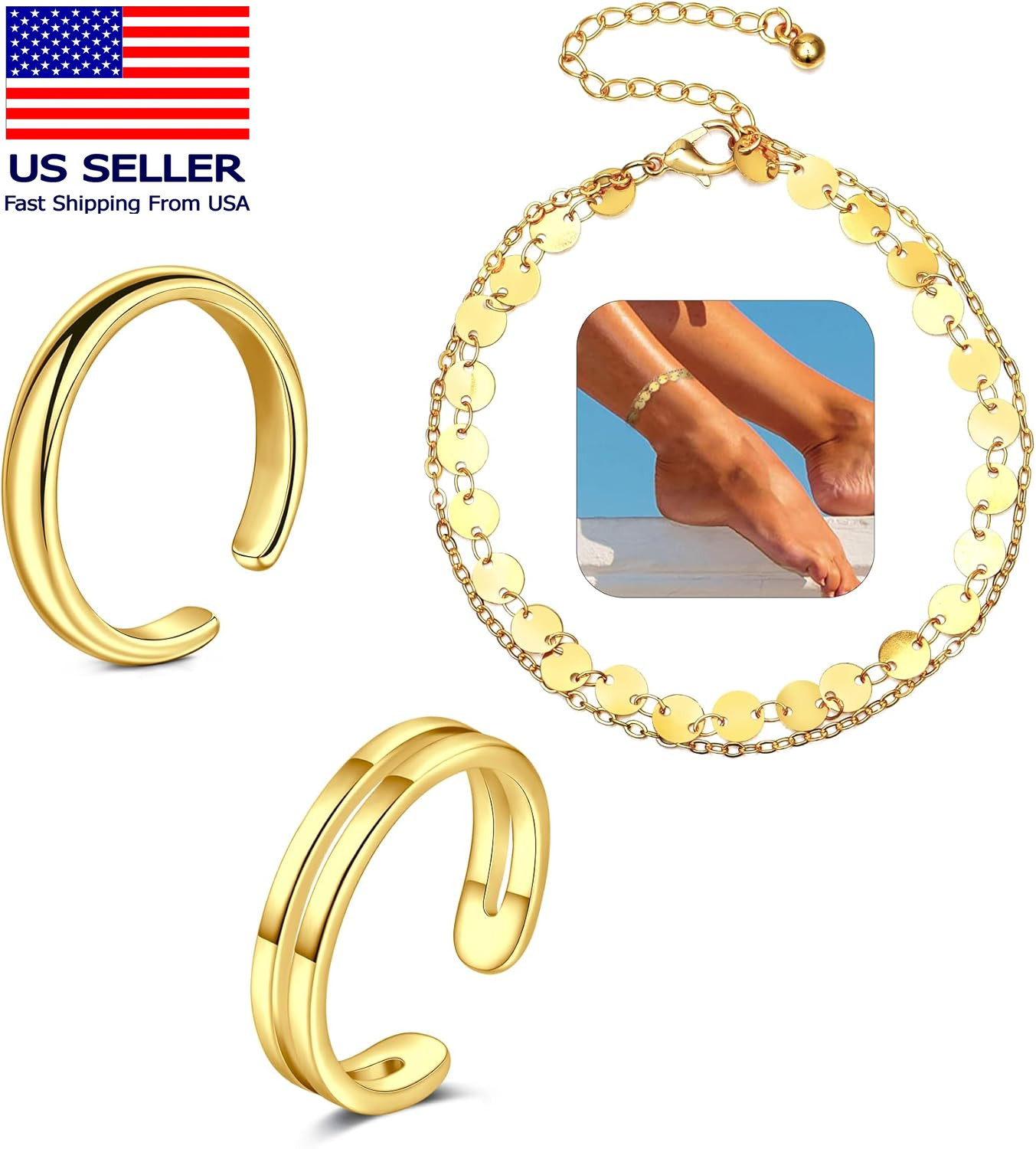 Toe Rings for Women Gold Silver Toe Ring Non Tarnish Ankle Bracelets for Women W