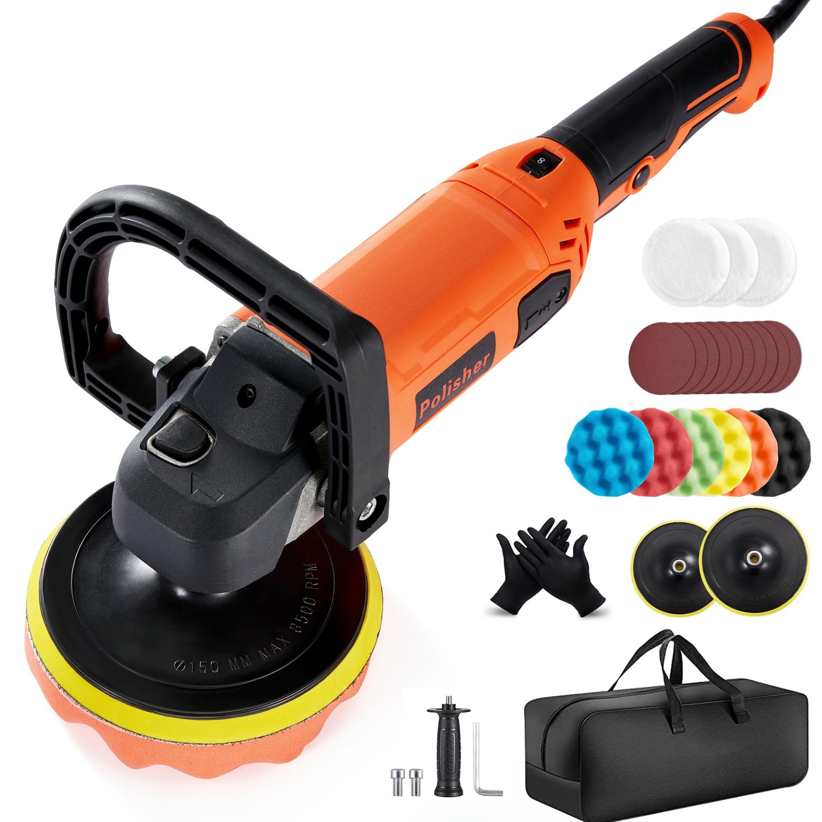 Buffer Polisher, 1600W 7 in 6 in Rotary Waxer, 8 Variable Speeds 500-3600 RPM