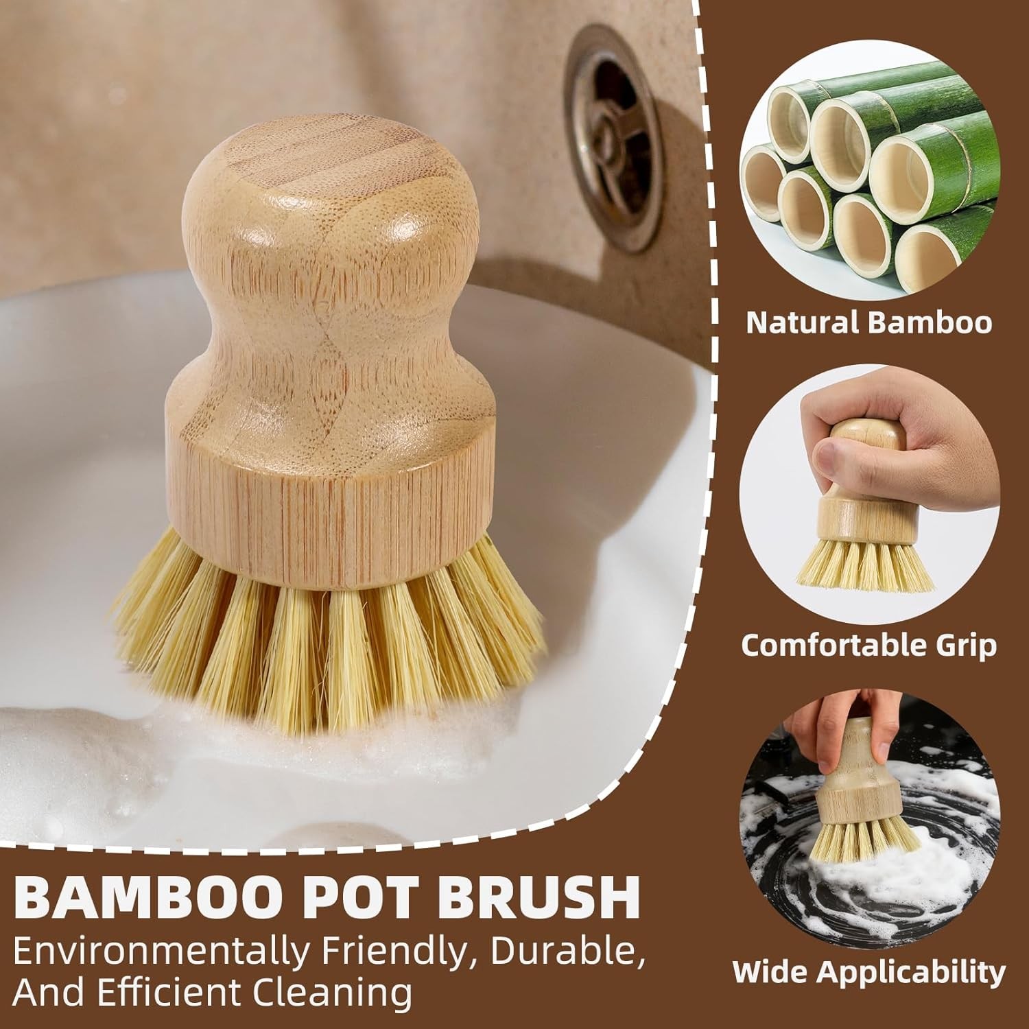 6-Piece Bamboo Dish Brush Set with 2X Fast-Dry Stainless Steel Holder,3xNatural