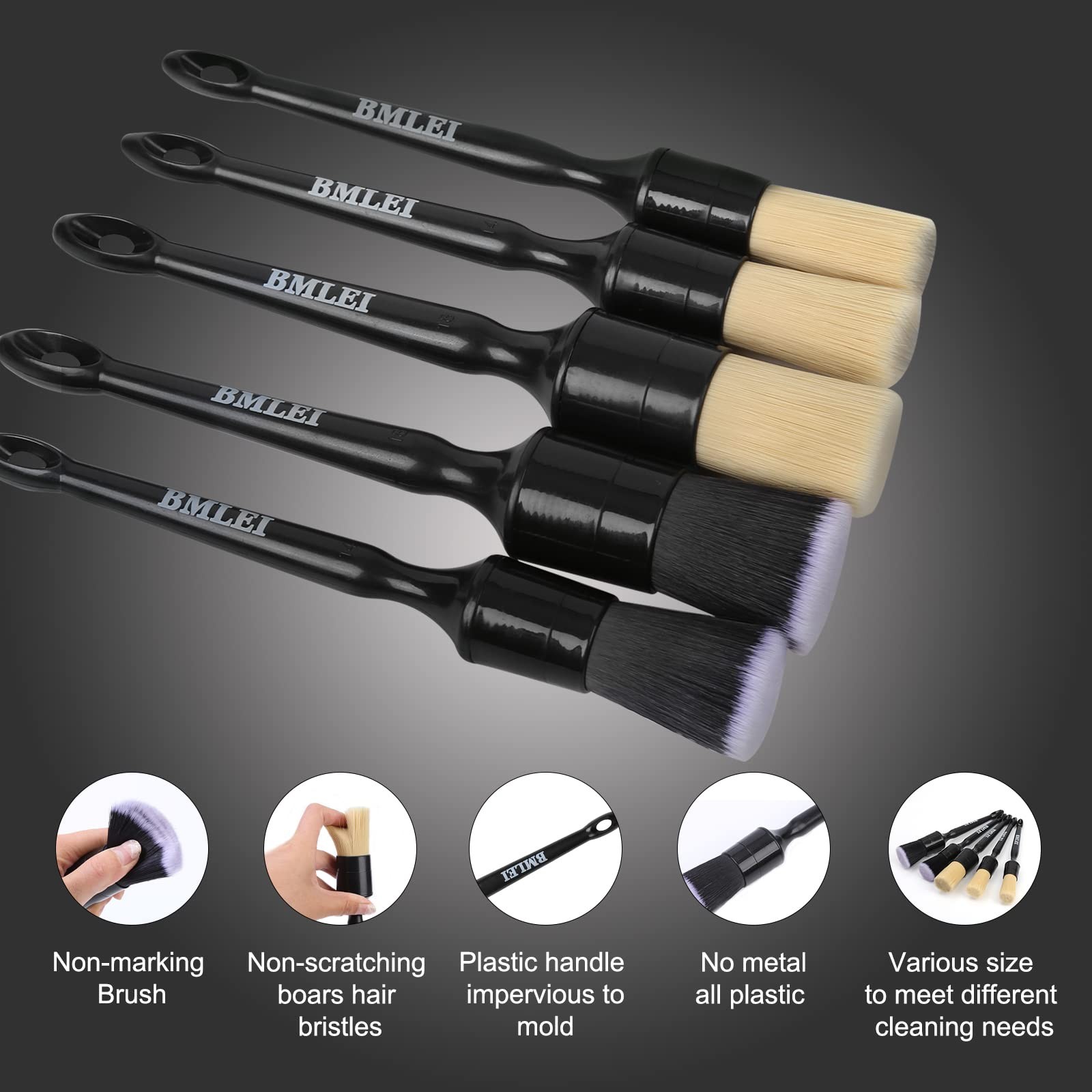 5pcs Car Detailing Brushes Set, Boars Hair Auto Car Detail Brush Kit No Scrat…