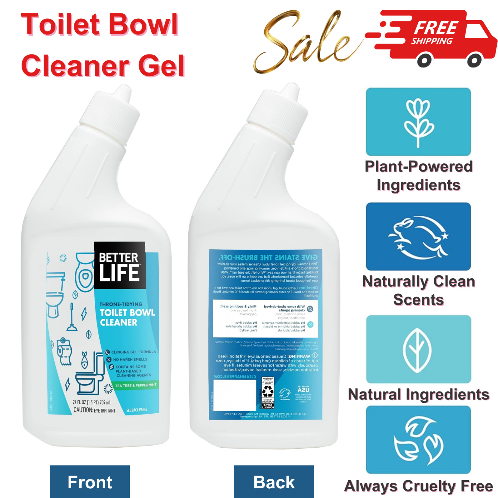 2 PK 24 Oz, Natural Toilet Bowl Cleaner Gel, Tea Tree & Peppermint, Plant-Based