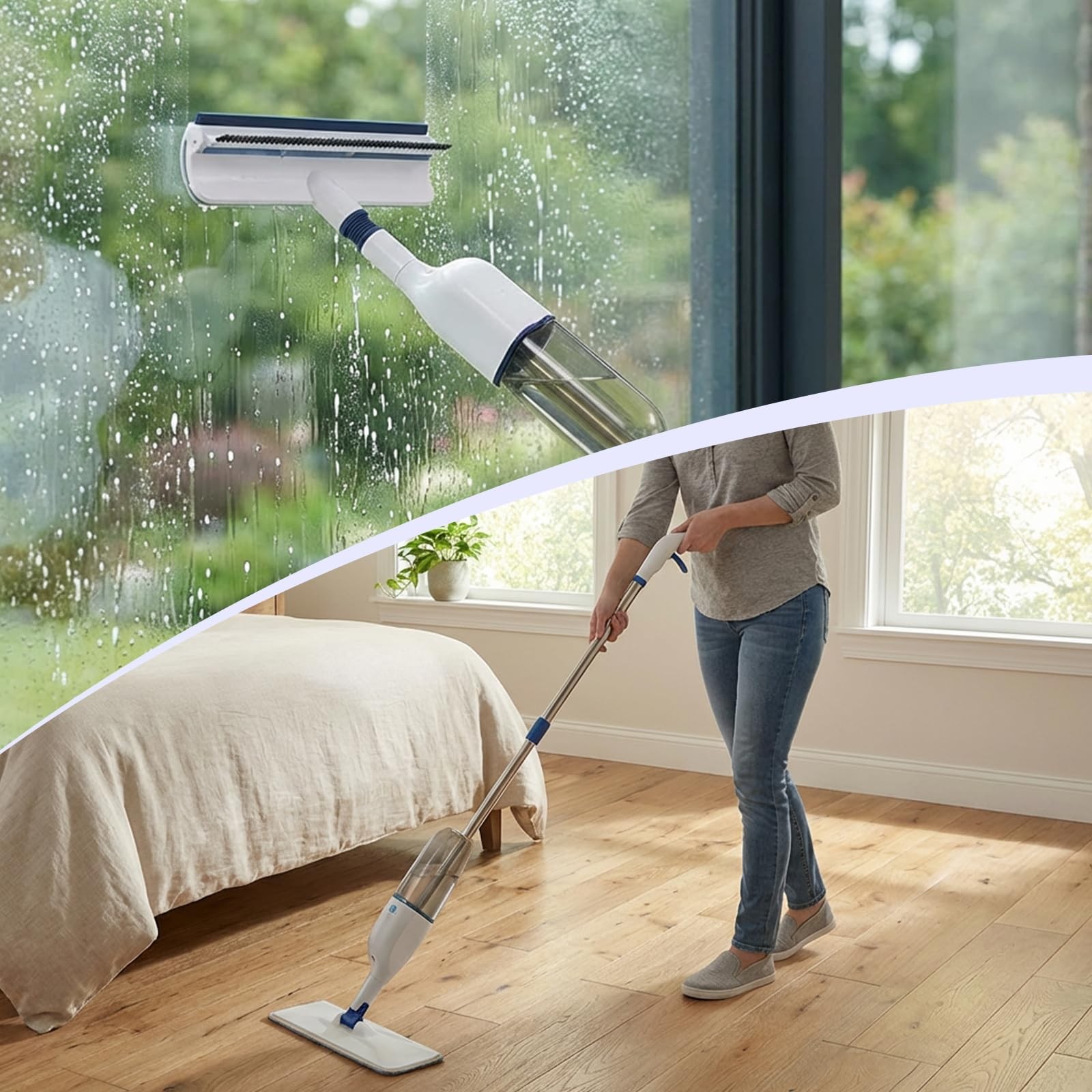 All-in-One Spray Window Squeegee and Floor Mop, 50″ Long Handle Spray Squeege…
