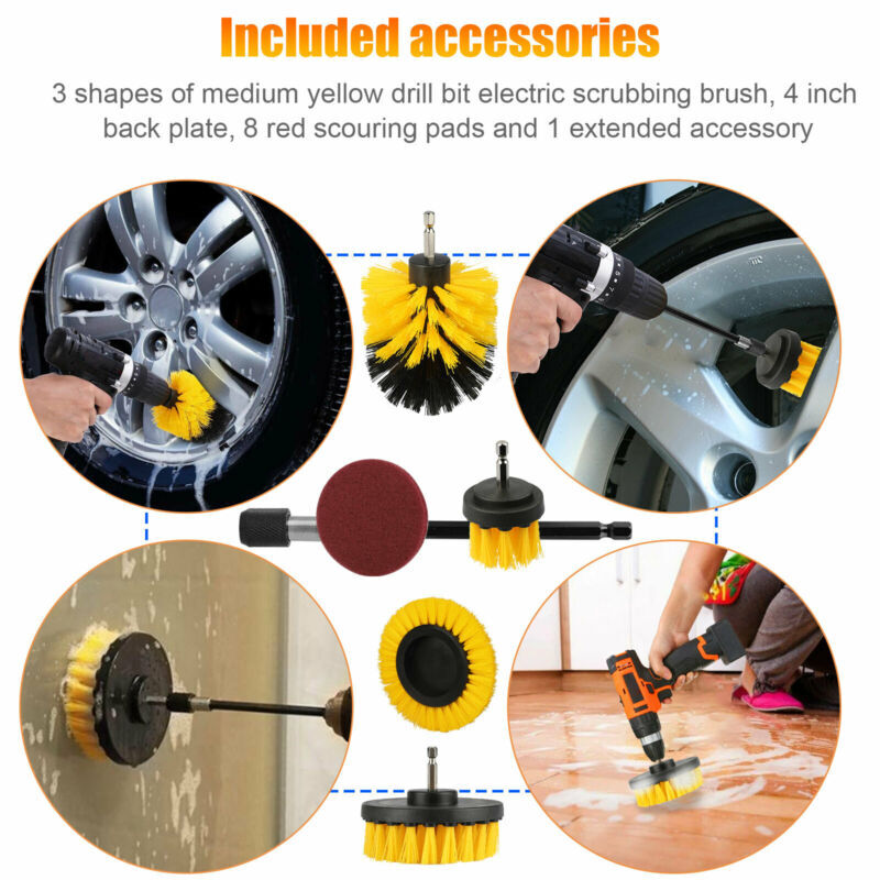 13x Drill Brush Attachment Set Power Scrubber Combo Car Grout Tile Extension Rod