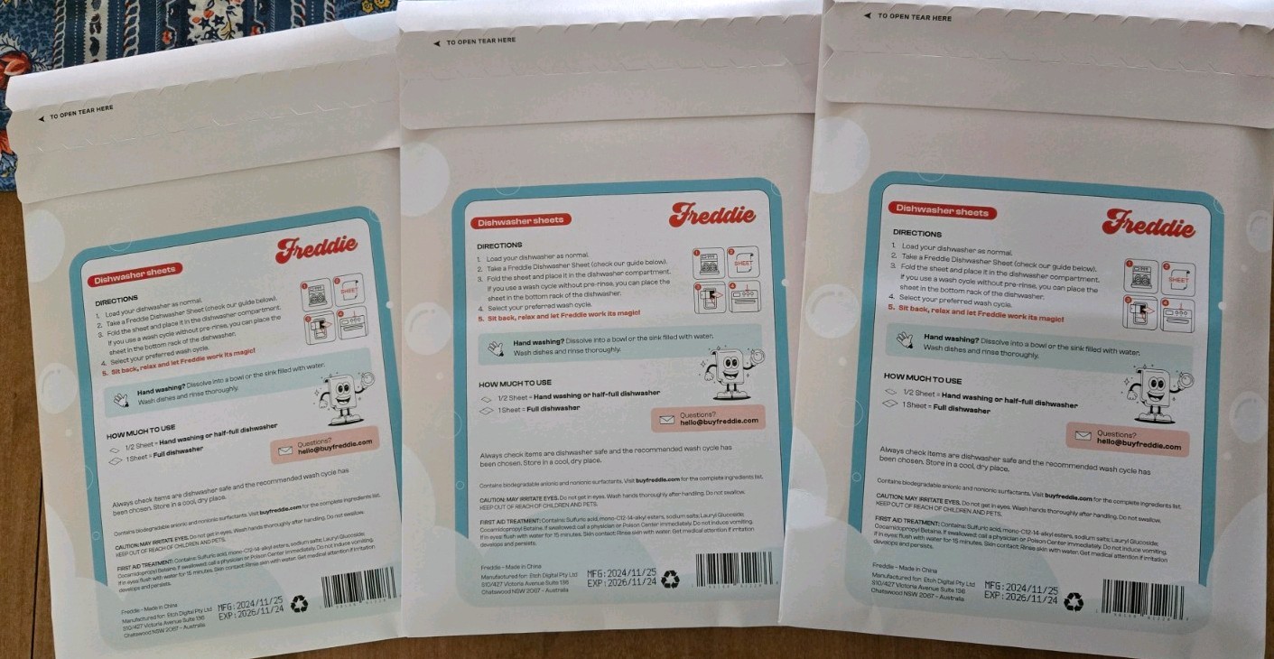 Freddie Dishwashing Detergent Sheets. 90-180 Cycles. No Phosphates/Dyes/Parabens