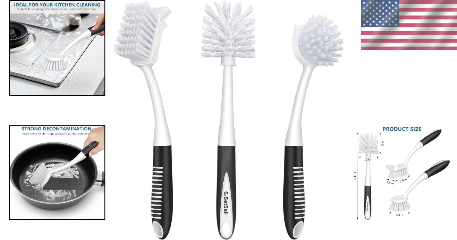 Black Cleaning Brush Set – 3 Pieces for Kitchen and Bathroom Essentials