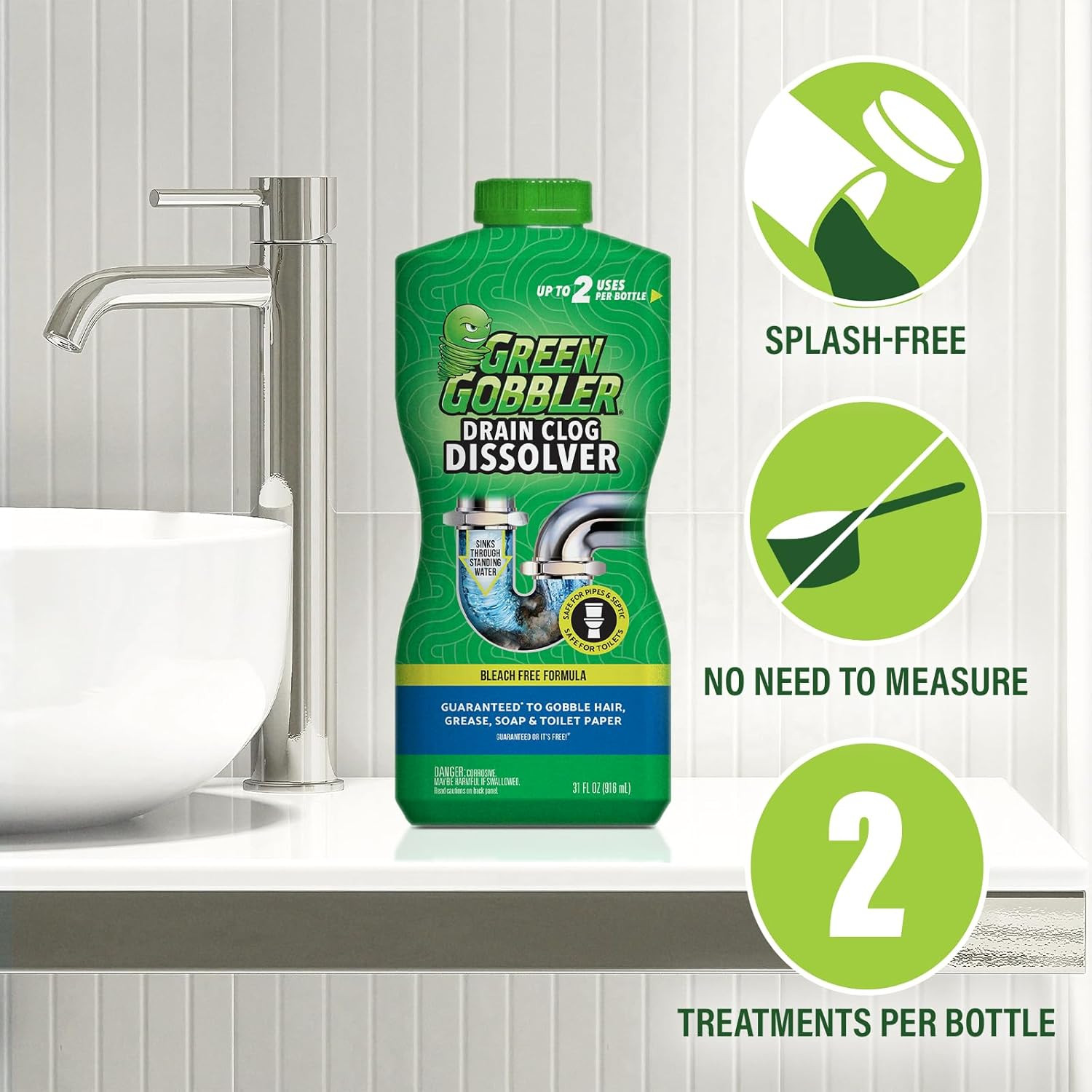 Green Gobbler Drain Clog Dissolver, Drain Opener-Cleaner ,Toilet Clog Remover, 3