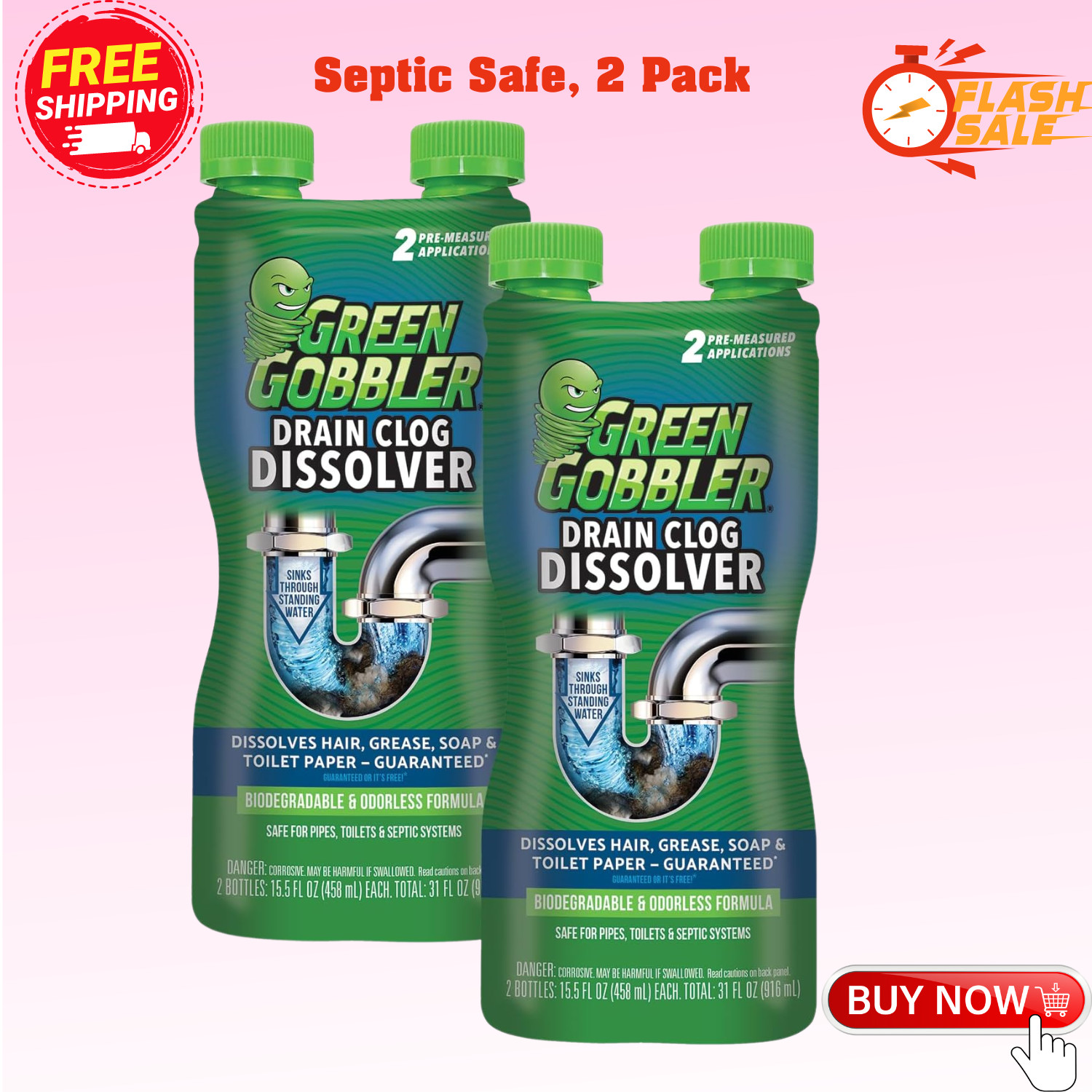2 Pk Green Gobbler Liquid Hair Drain Clog Remover & Cleaner, Septic Safe, 31 oz