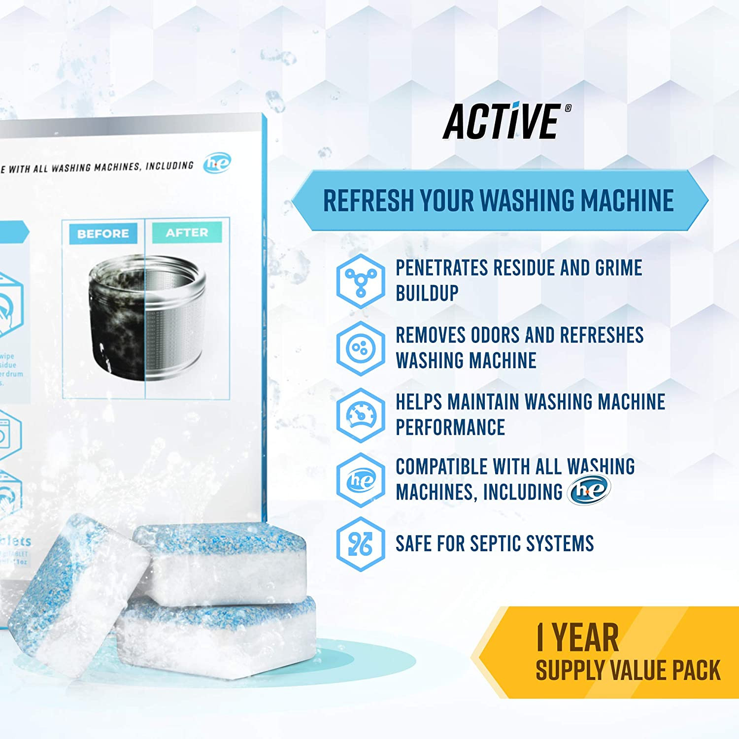 Washing Machine Cleaner Descaler 24 Pack – Deep Cleaning Tablets for HE Front Lo