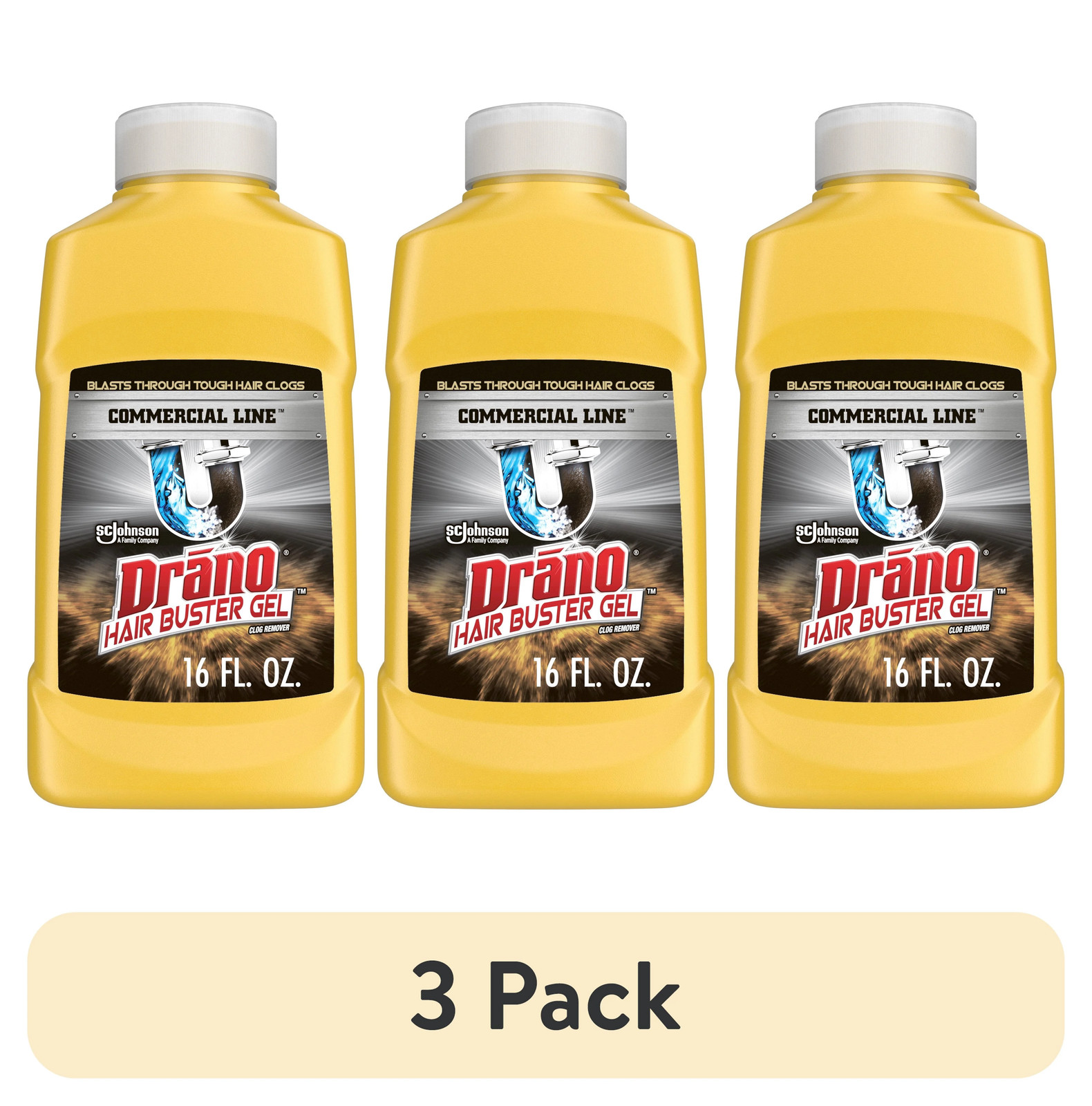 3 pack) Hair Buster Gel Drain Clog Remover, Commercial Line, 16 fl oz