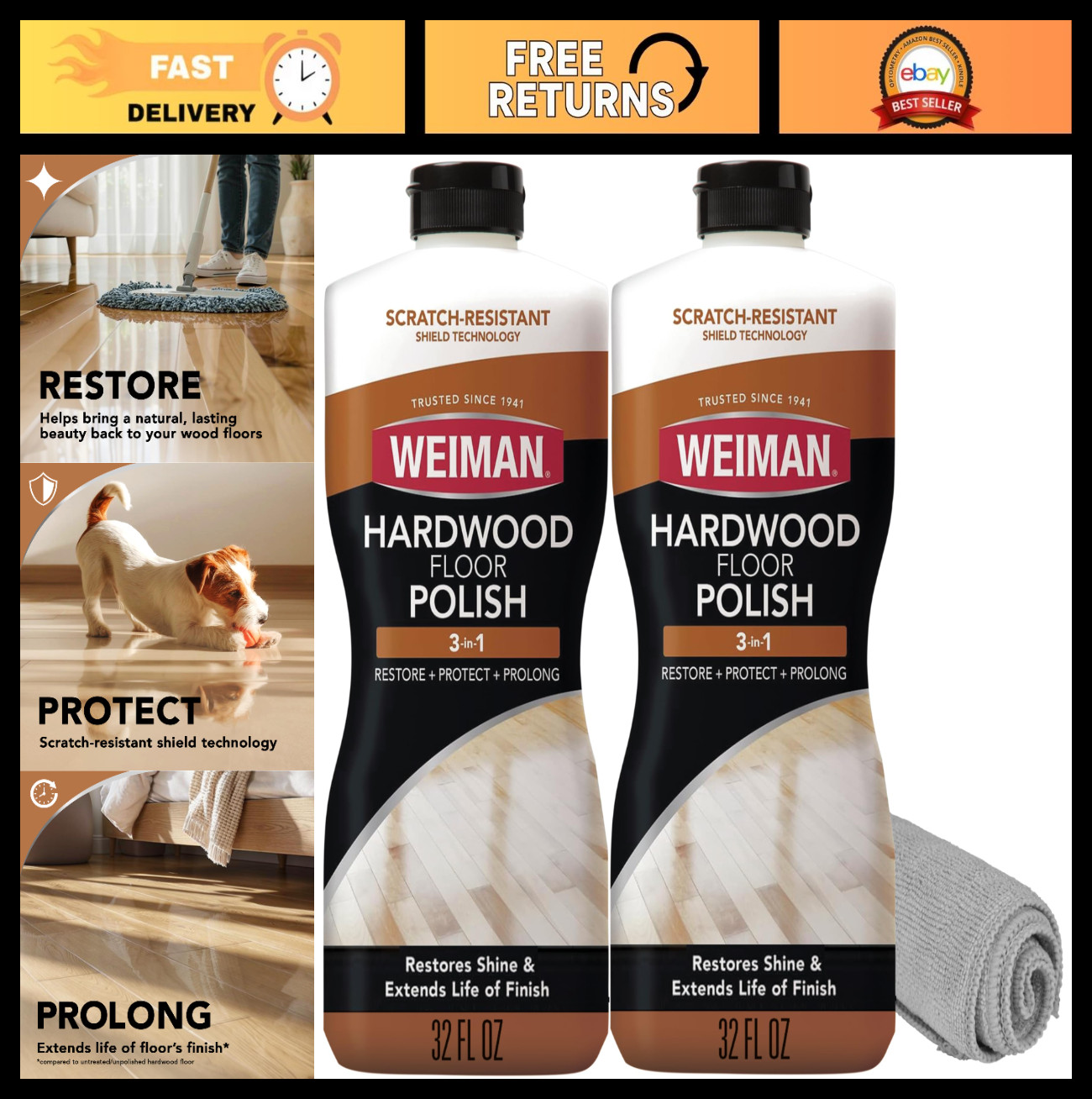 Wood Floor Polish & Restorer 32oz Bundle – High-Traffic Shine, Scratch Remover,