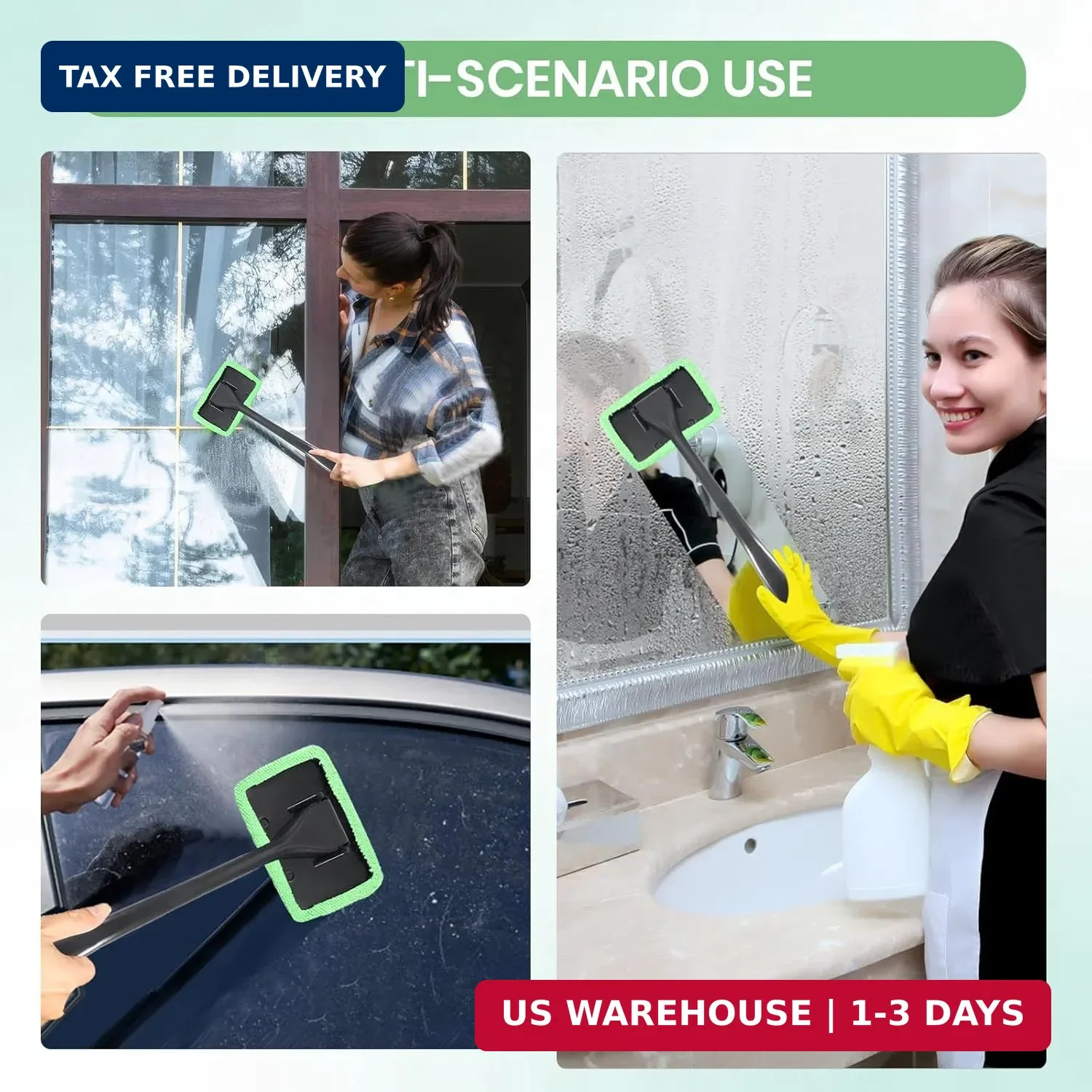 Portable Windshield Cleaner Tool with Extended Long Handle & 6 Microfiber Pads
