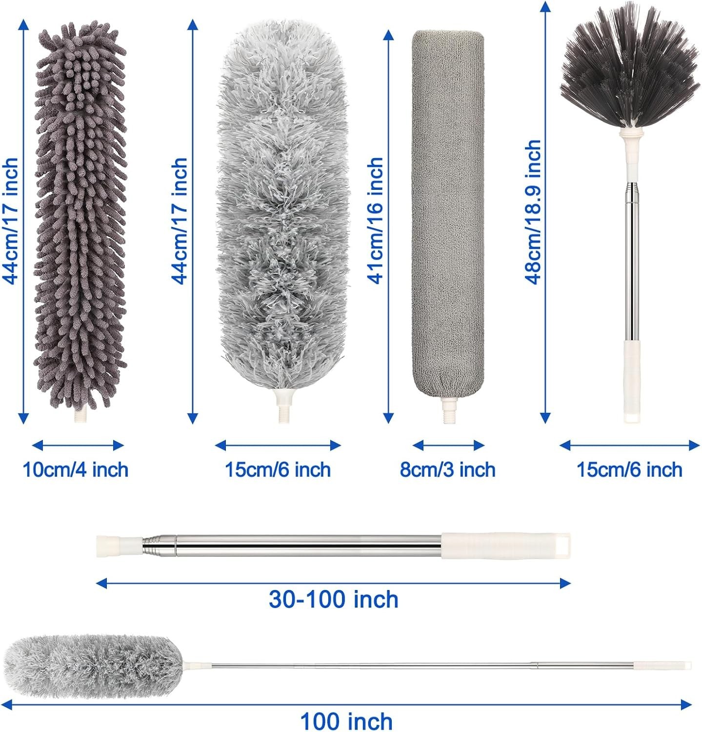 Extendable Microfiber Duster 30-100 Inches with Bendable Head & Brushes Kit