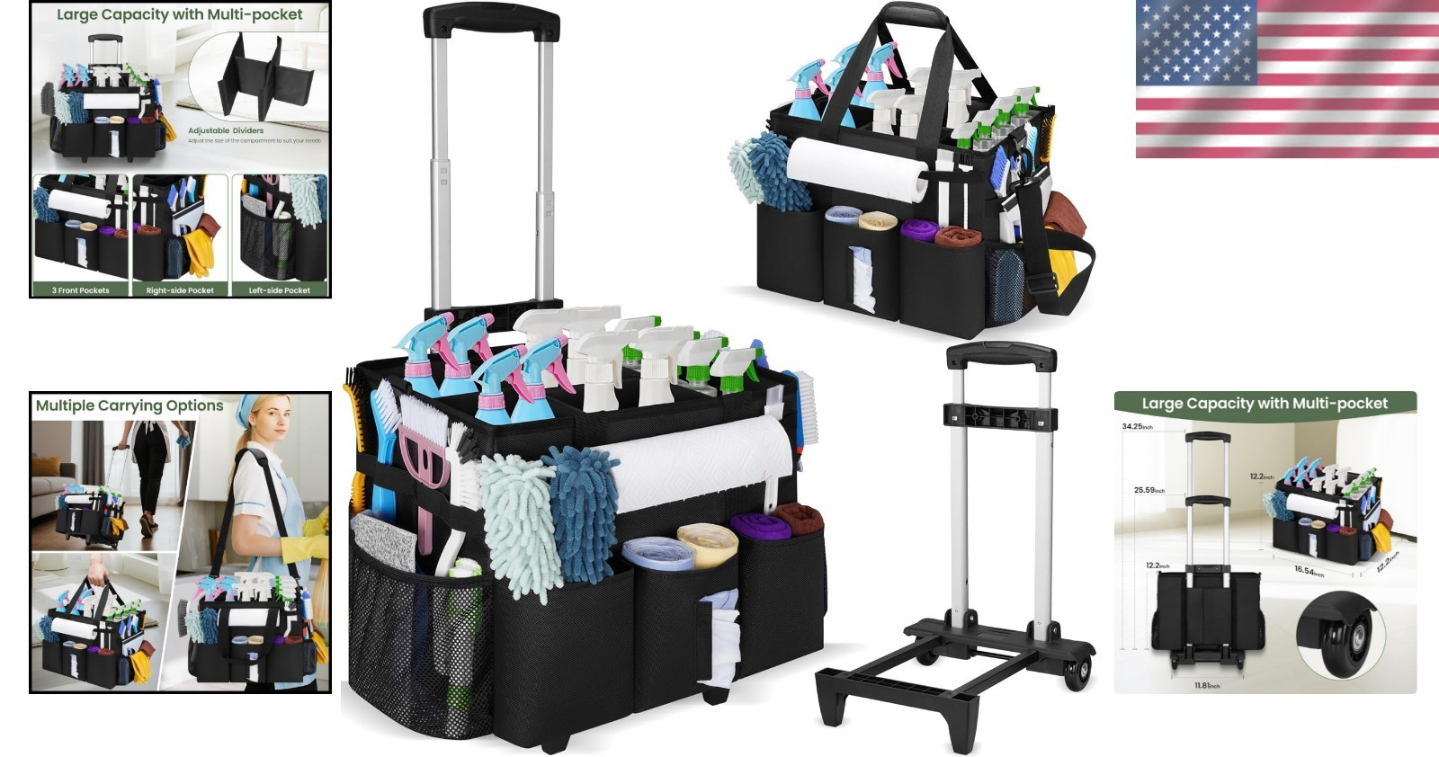 Luxurious Rolling Cleaning Caddy with Detachable Trolley & Water-Resistant Nylon