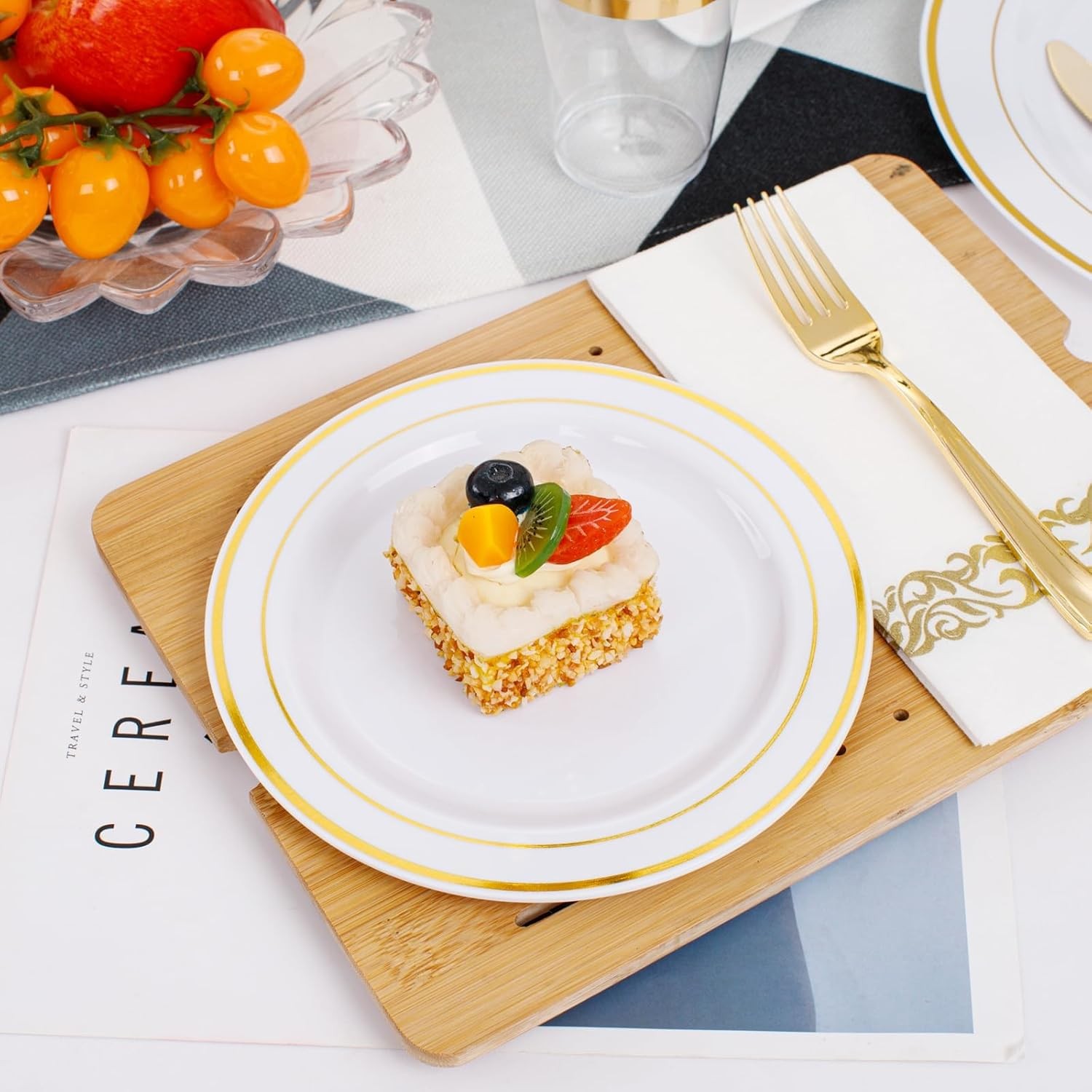 350 Pieces White and Gold Plastic Plates – 50 Guest Dinnerware Set Include 100