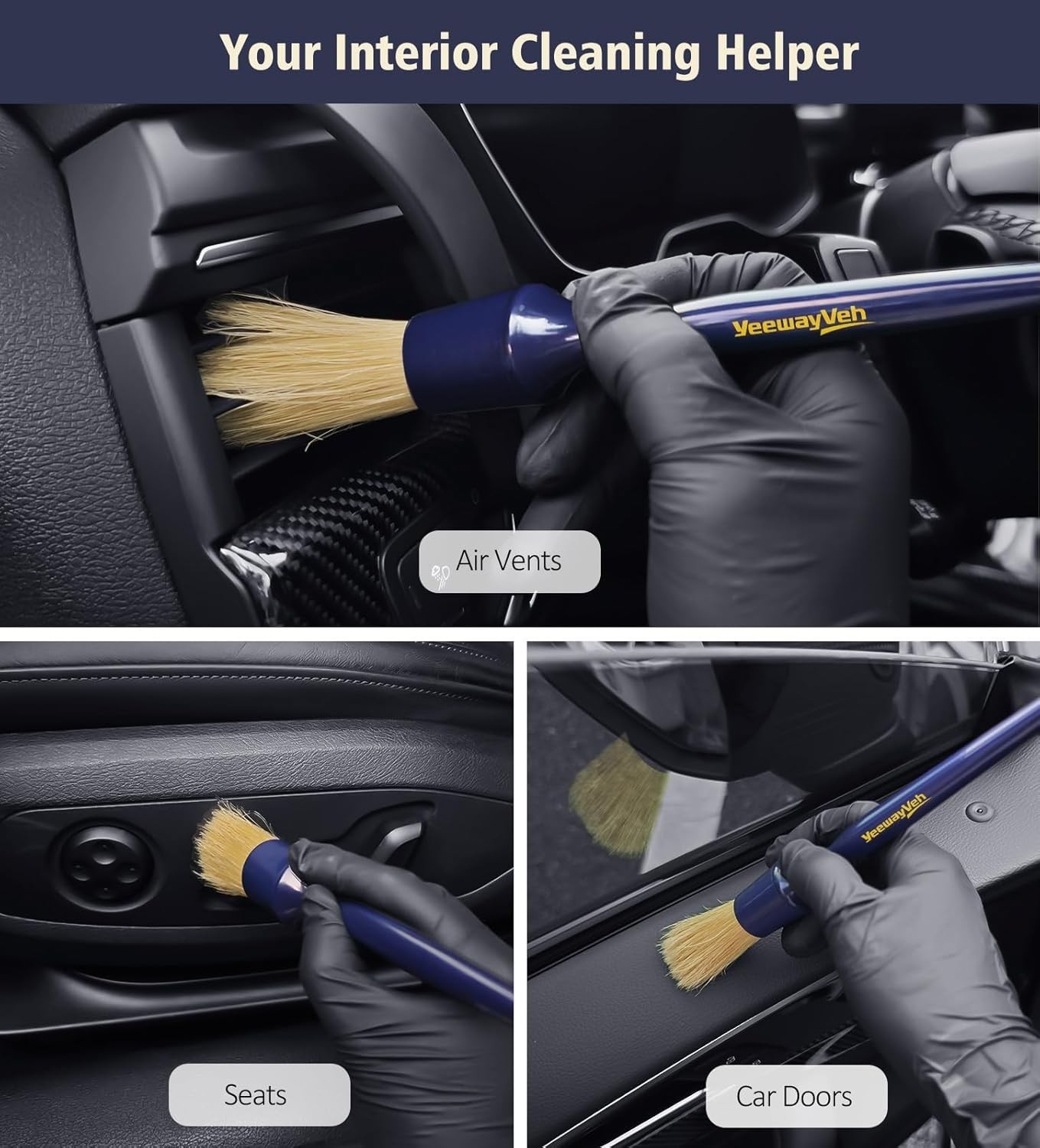 Car Detailing Brush Set, 3 Pack Ultra Soft Boars Hair Detailing Brushes for