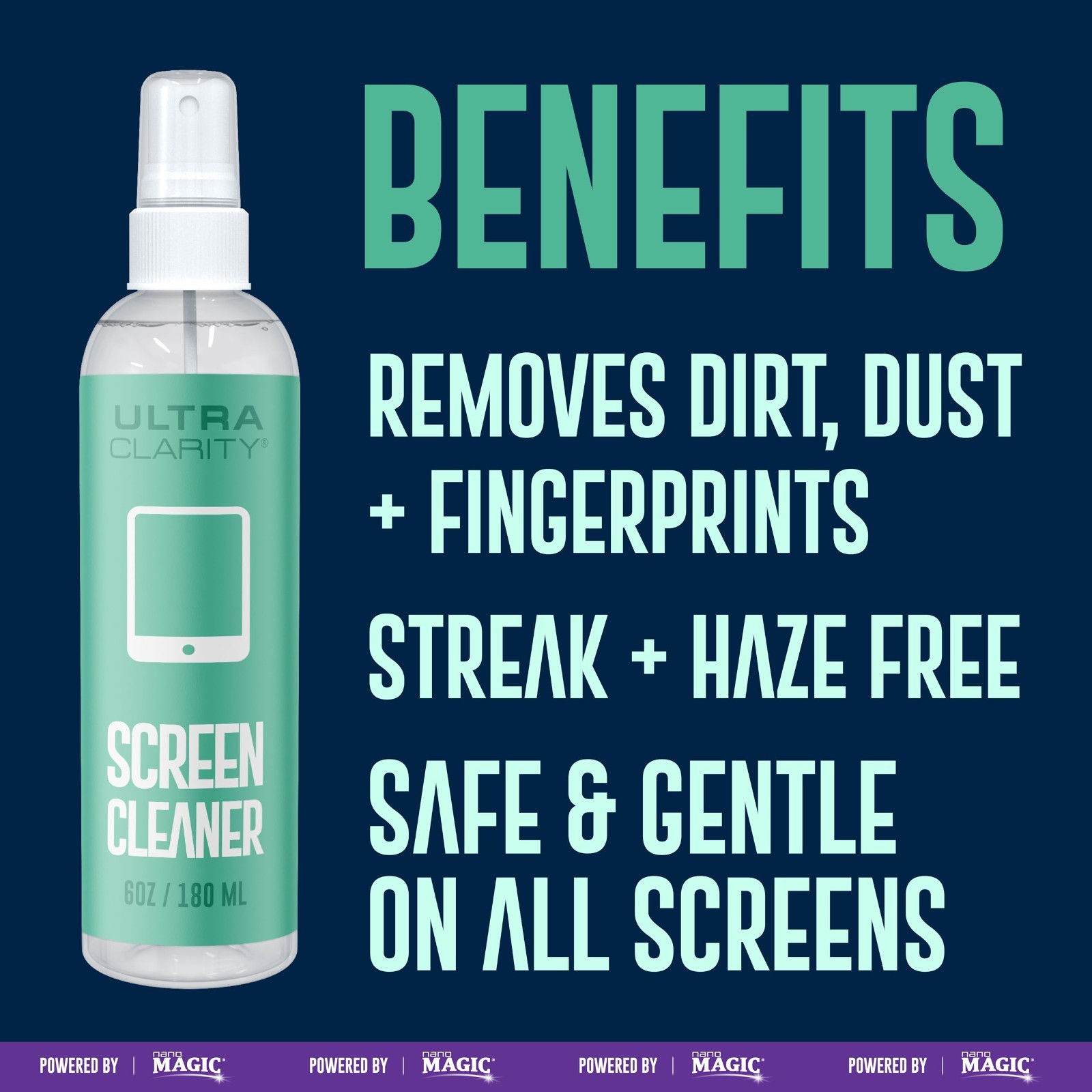 Powered by Nano Magic Screen Cleaner 6oz Spray Bottle | Optical Grade Solution,